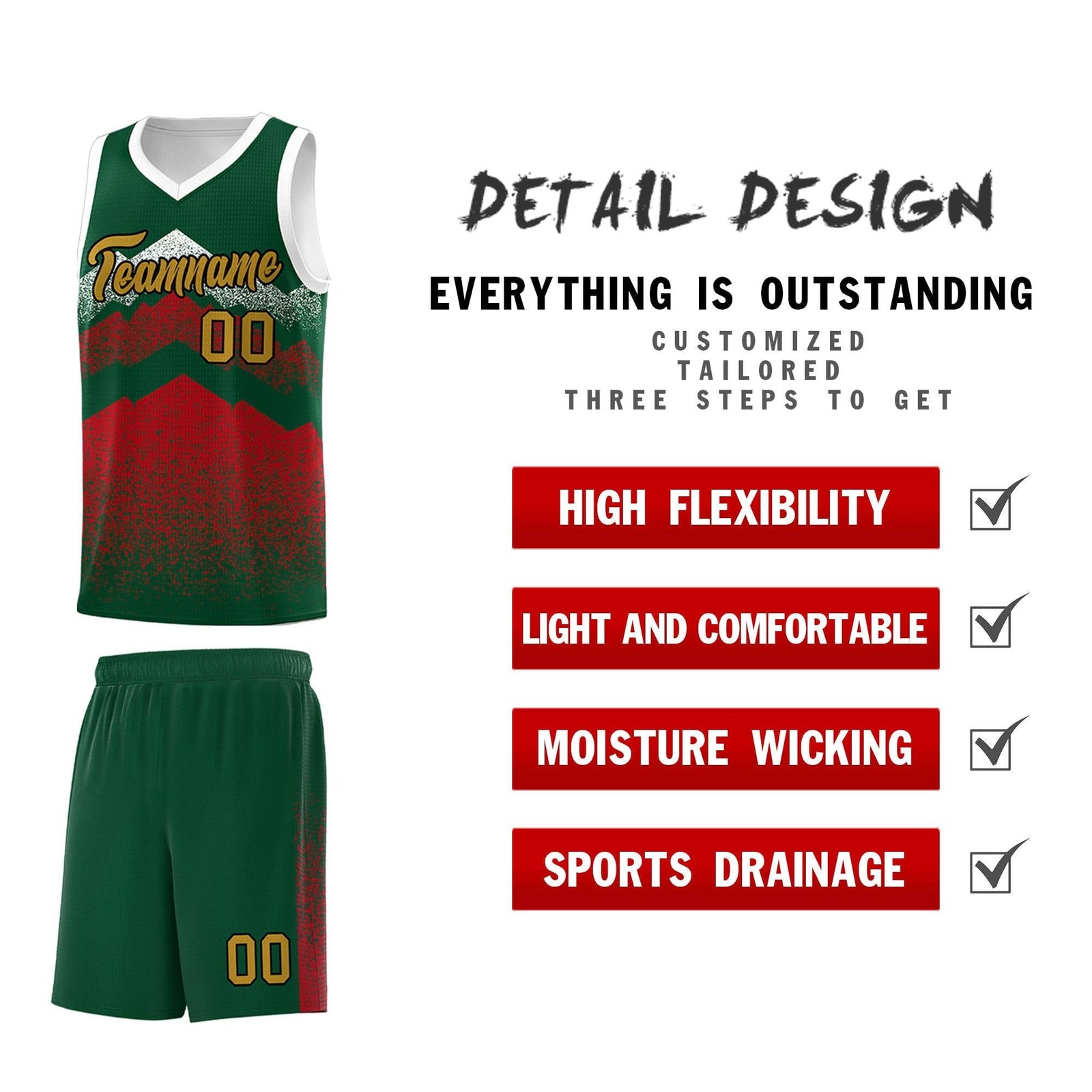 Personalized Youth Basketball Jerseys Green Red Gradient Mountain Design Uniforms