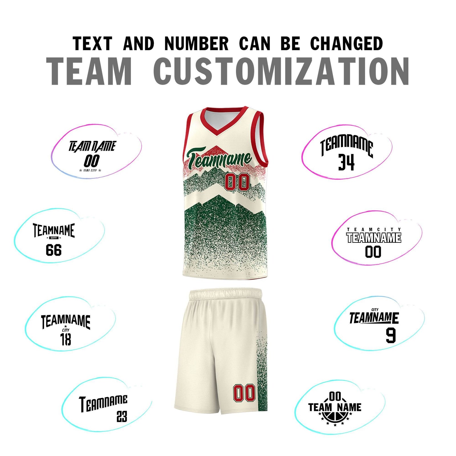Personalized Youth Basketball Jerseys Cream Green Gradient Mountain Design Uniforms
