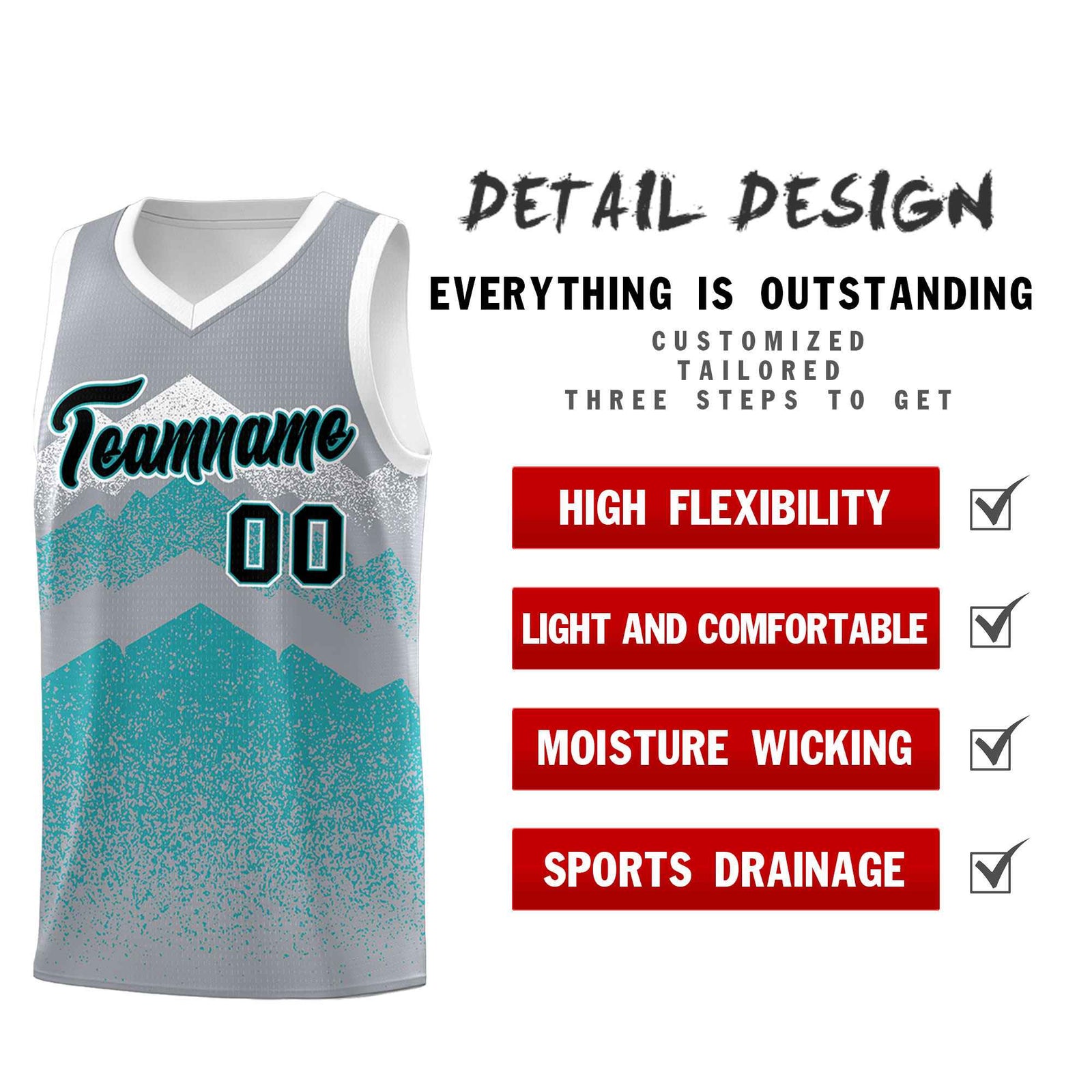 Personalized Youth Basketball Jerseys Silver Teal Gradient Mountain Design Uniforms