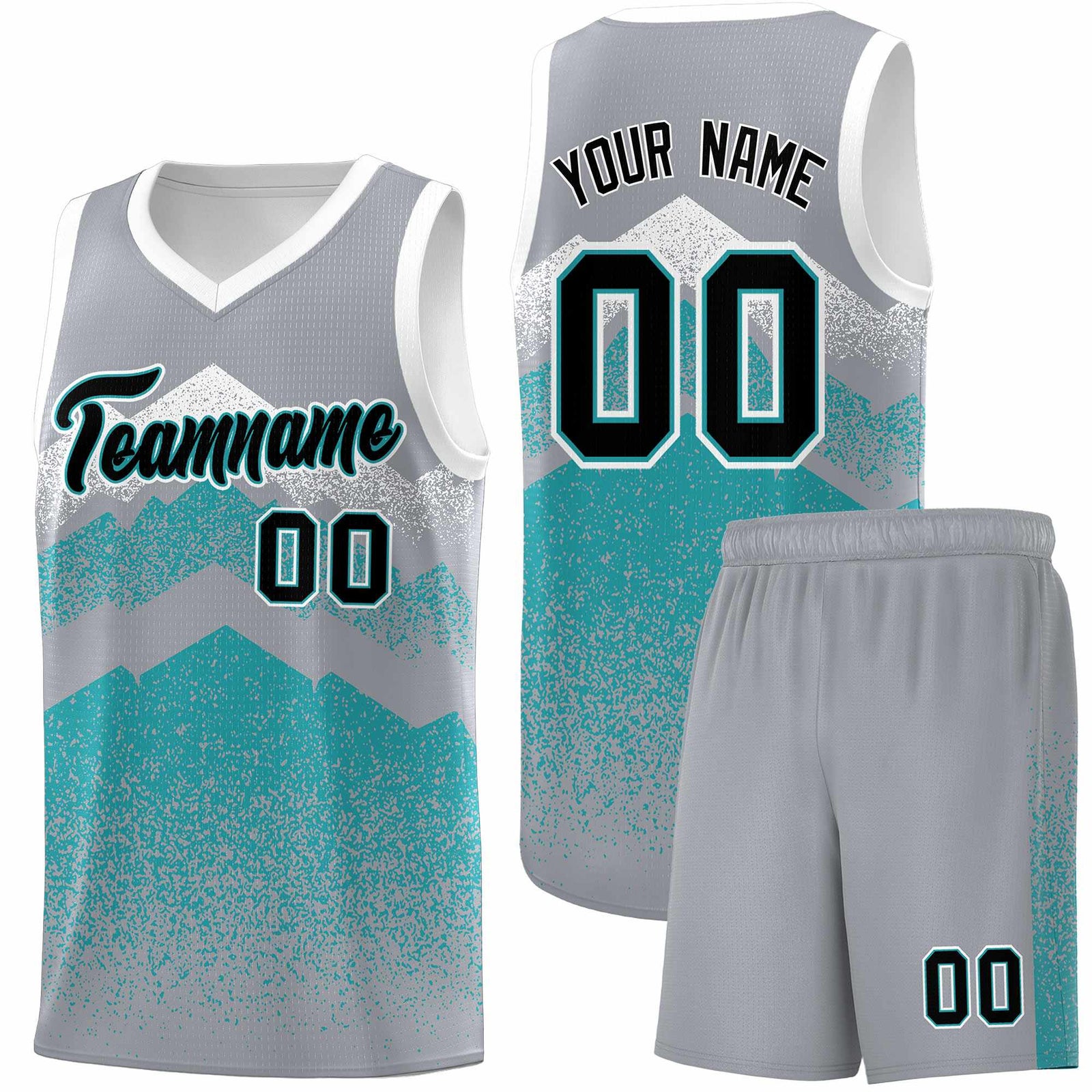 Personalized Youth Basketball Jerseys Silver Teal Gradient Mountain Design Uniforms