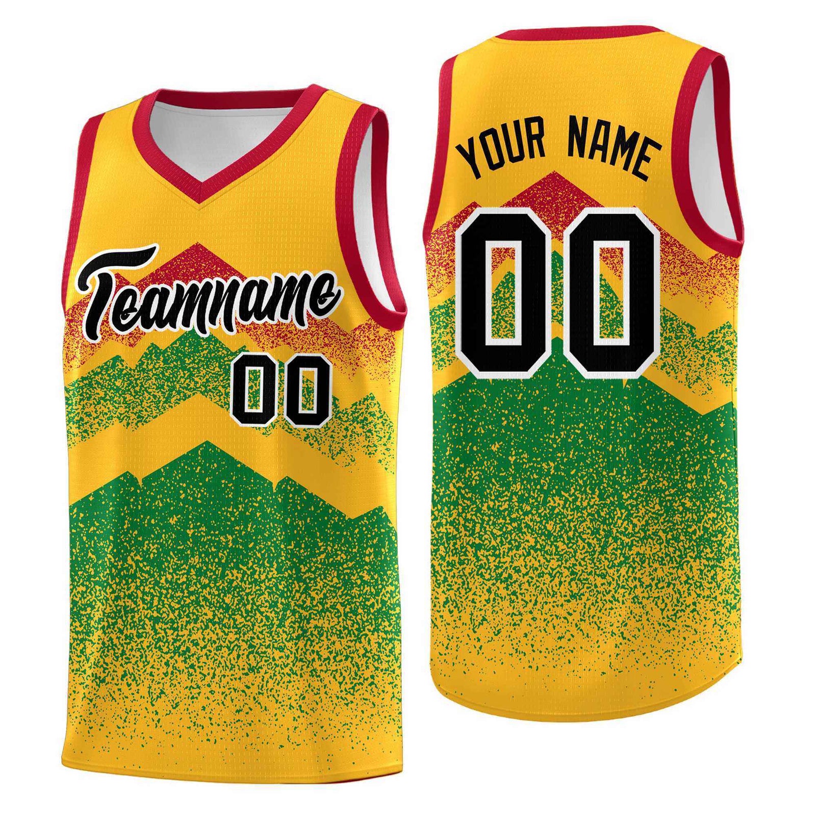 Personalized Youth Basketball Jerseys Gold Kelly Green Gradient Mountain Design Uniforms