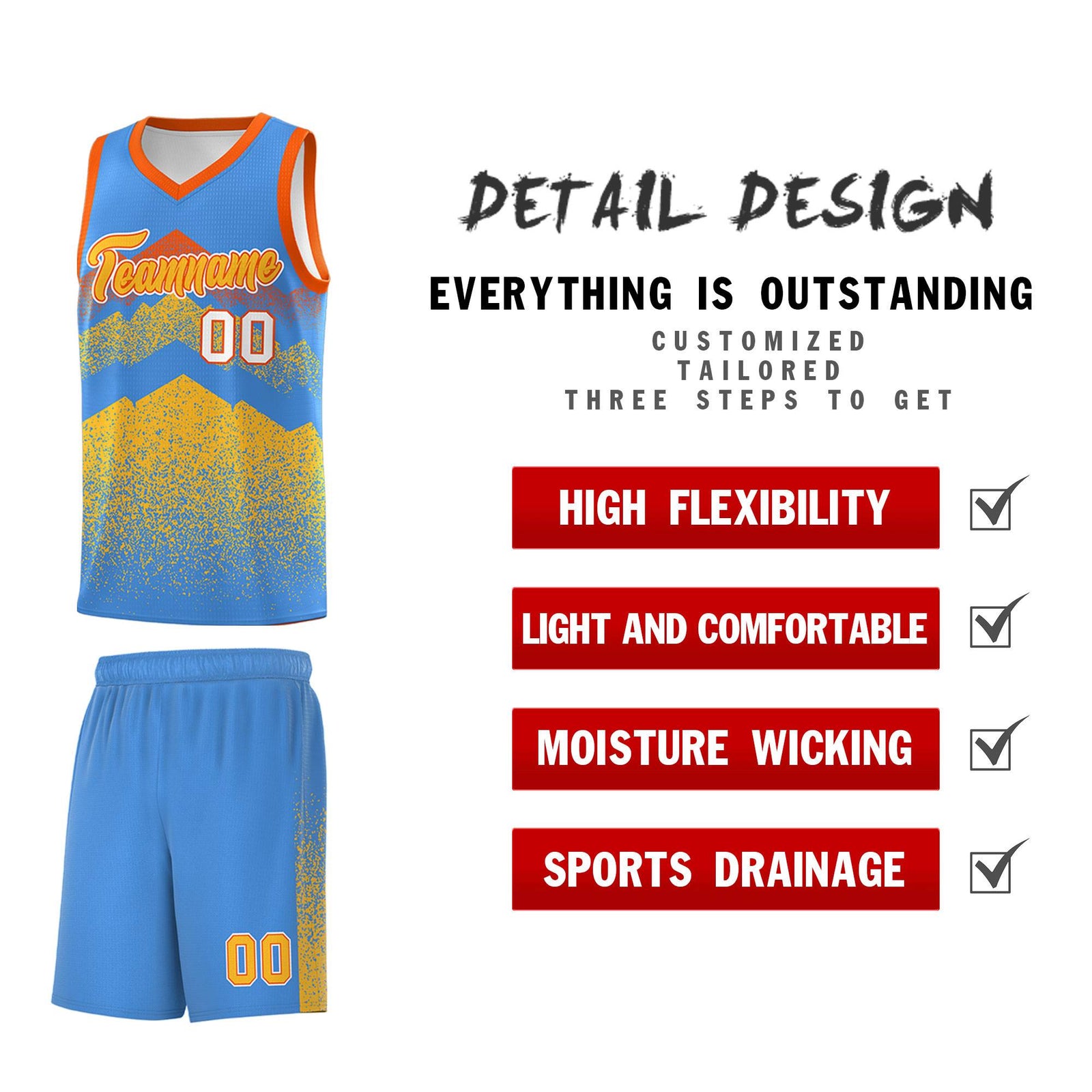 Personalized Youth Basketball Jerseys Powder Blue Khaki Gradient Mountain Design Uniforms