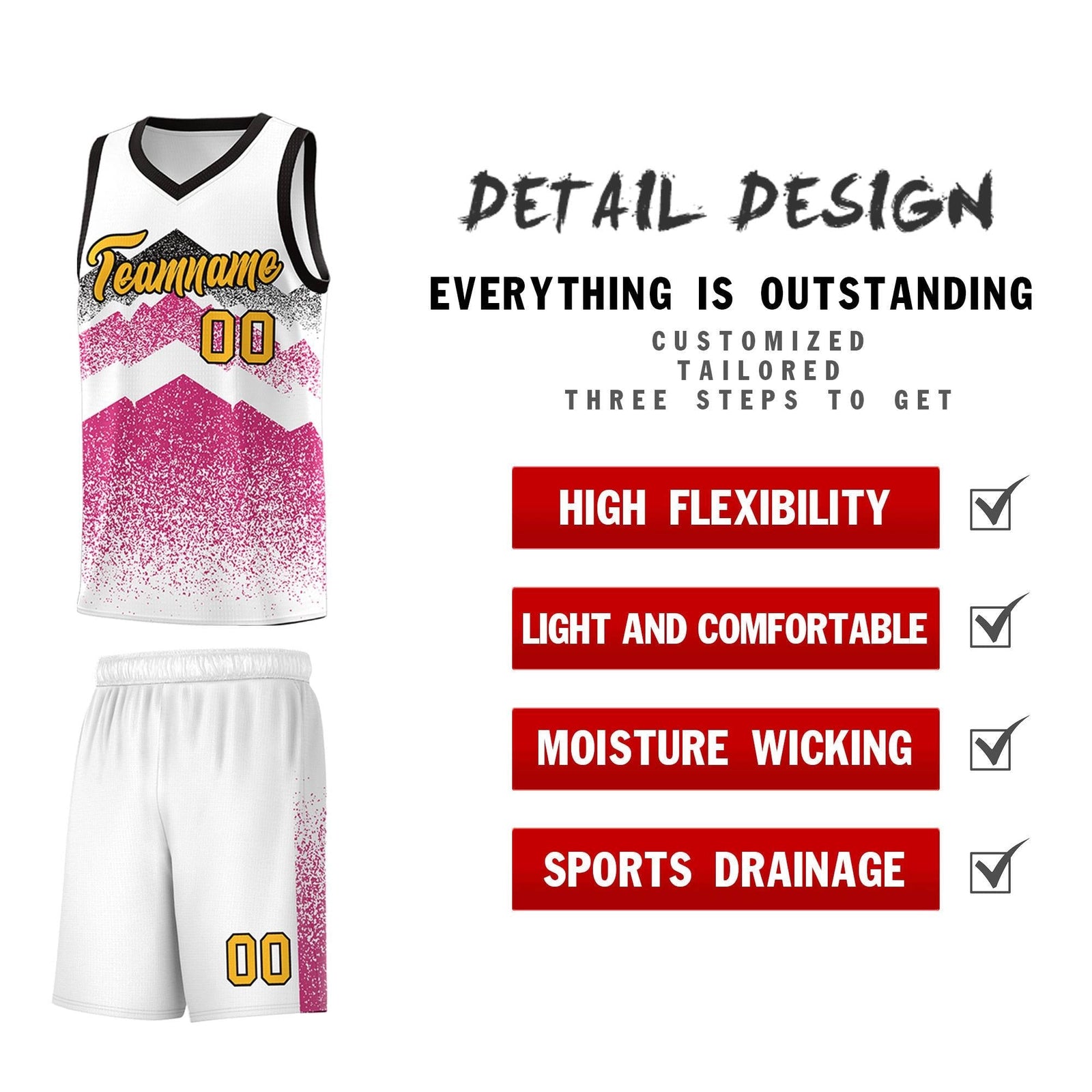 Personalized Youth Basketball Jerseys White Rose Red Gradient Mountain Design Uniforms