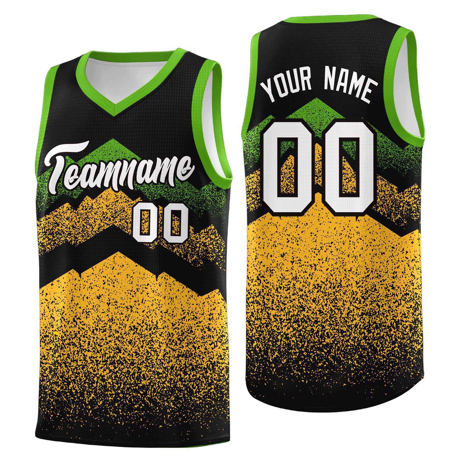 Personalized Youth Basketball Jerseys Black Gold Gradient Mountain Design Uniforms