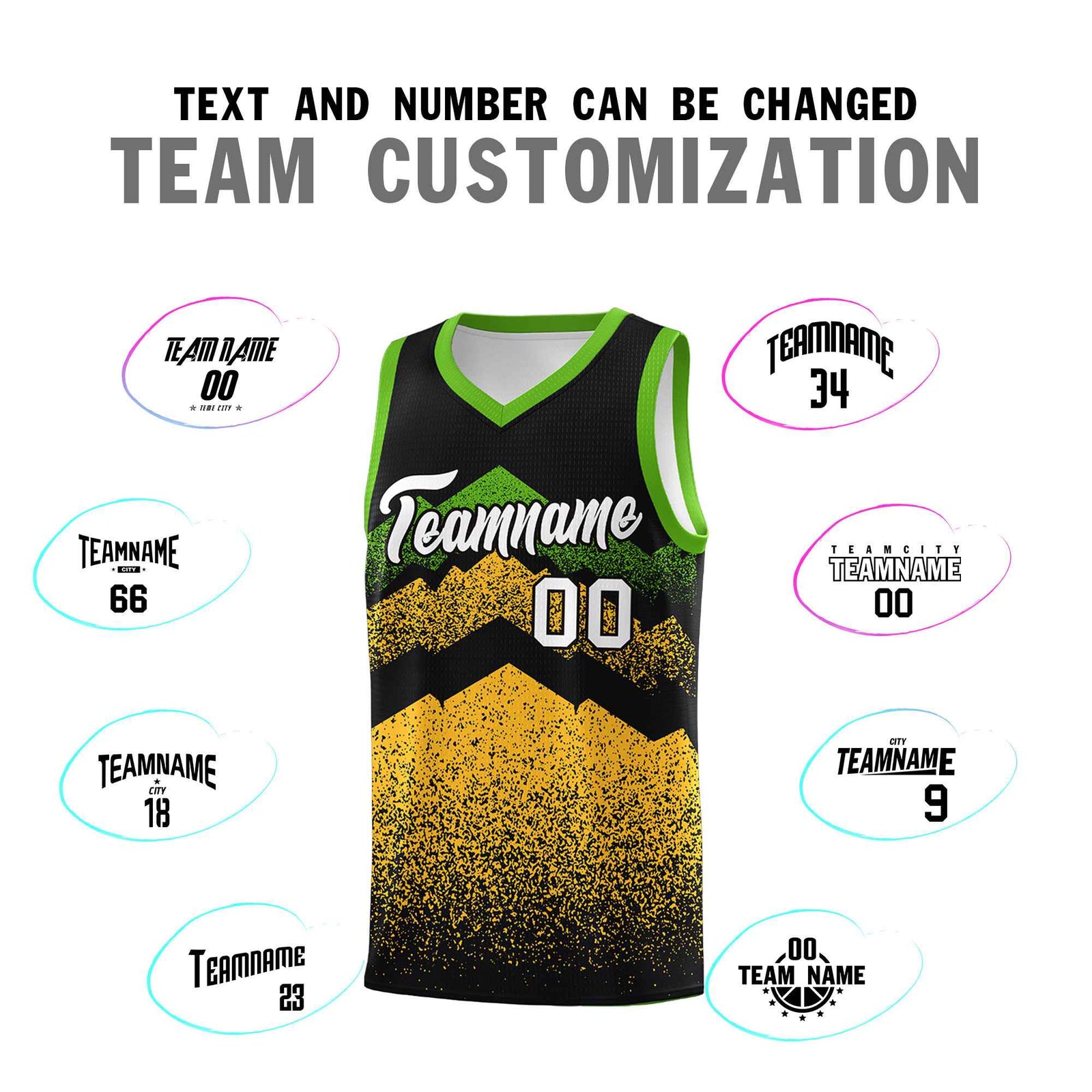 Personalized Youth Basketball Jerseys Black Gold Gradient Mountain Design Uniforms