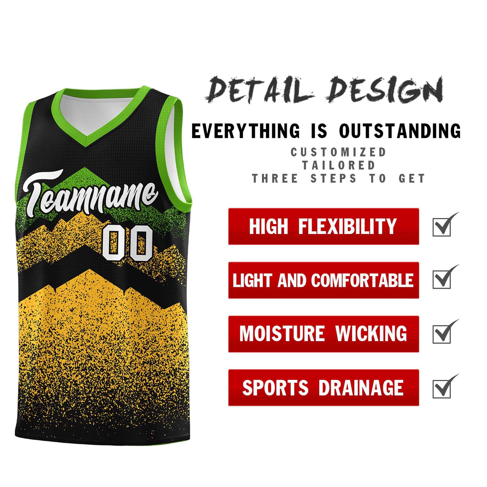 Personalized Youth Basketball Jerseys Black Gold Gradient Mountain Design Uniforms
