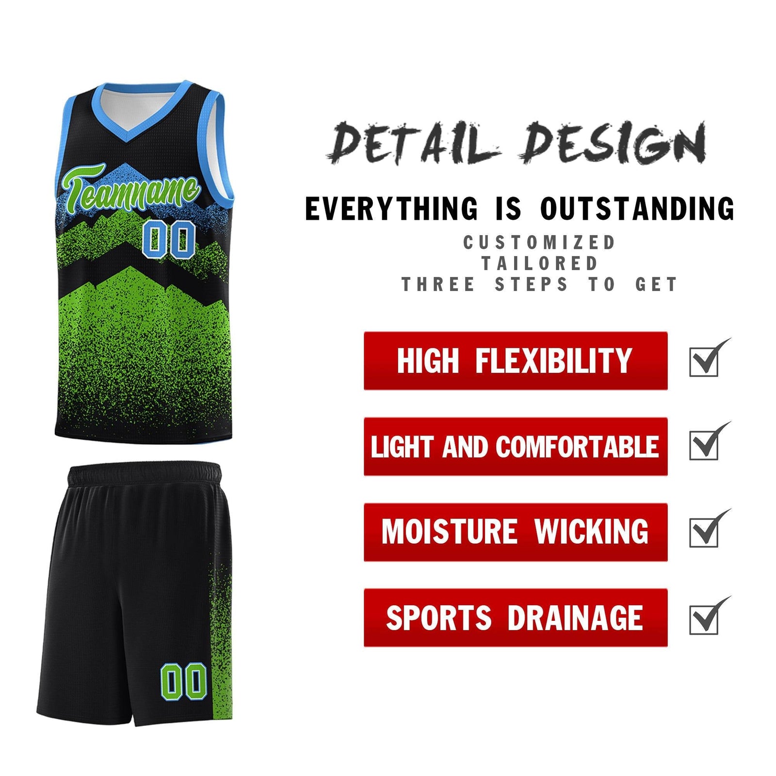 Personalized Youth Basketball Jerseys Black Green Gradient Mountain Design Uniforms