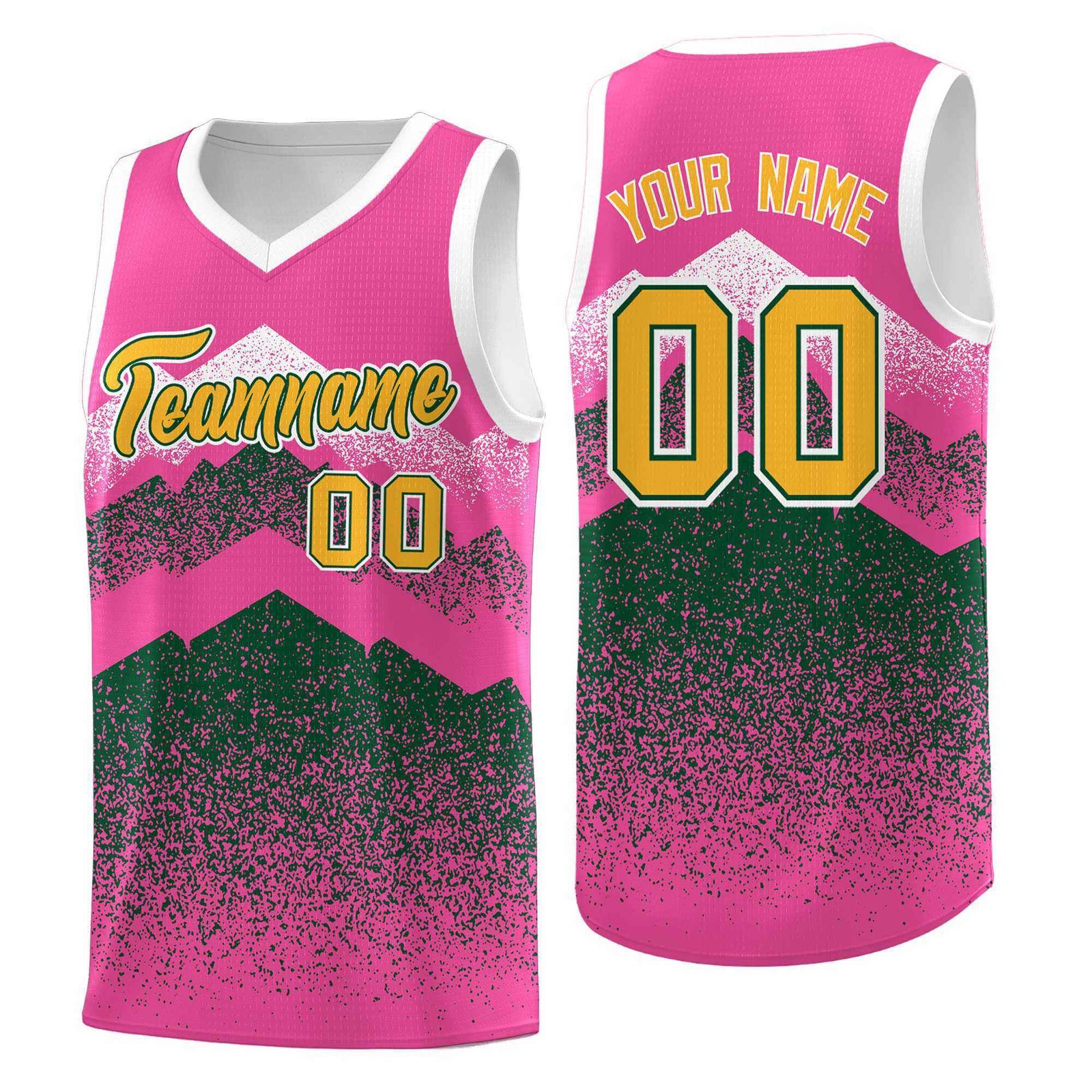 Personalized Youth Basketball Jerseys Pink Green Gradient Mountain Design Uniforms