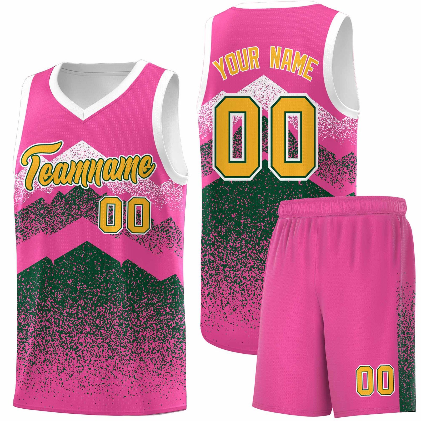 Personalized Youth Basketball Jerseys Pink Green Gradient Mountain Design Uniforms