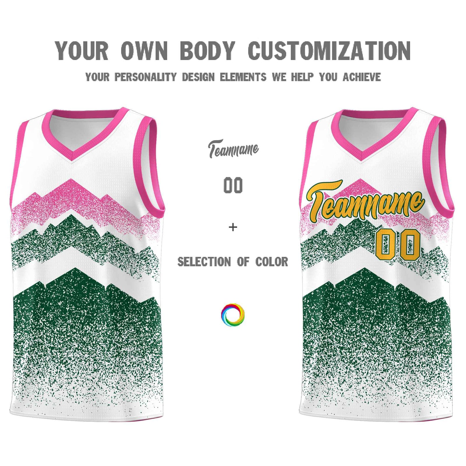 Custom Youth Basketball Jerseys White Green Gradient Mountain Design Uniforms