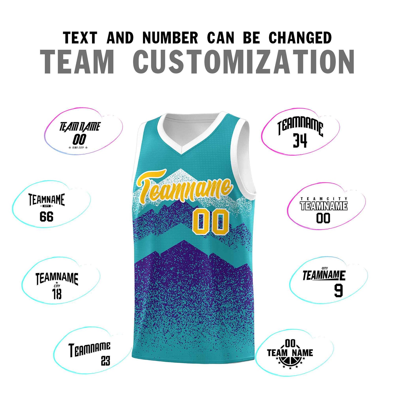 Personalized Youth Basketball Jerseys Aqua Purple Gradient Mountain Design Uniforms