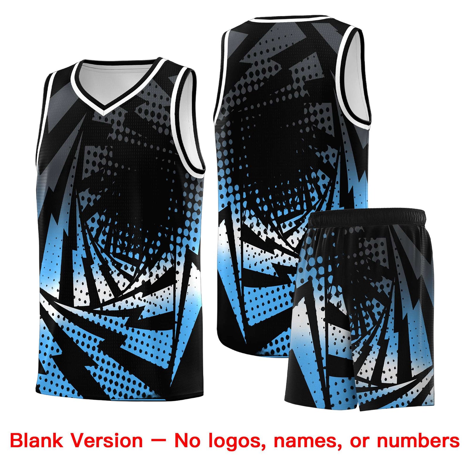 Custom Youth Basketball Jerseys Black Powder Blue Lightning Design Halftone Personalized Uniforms