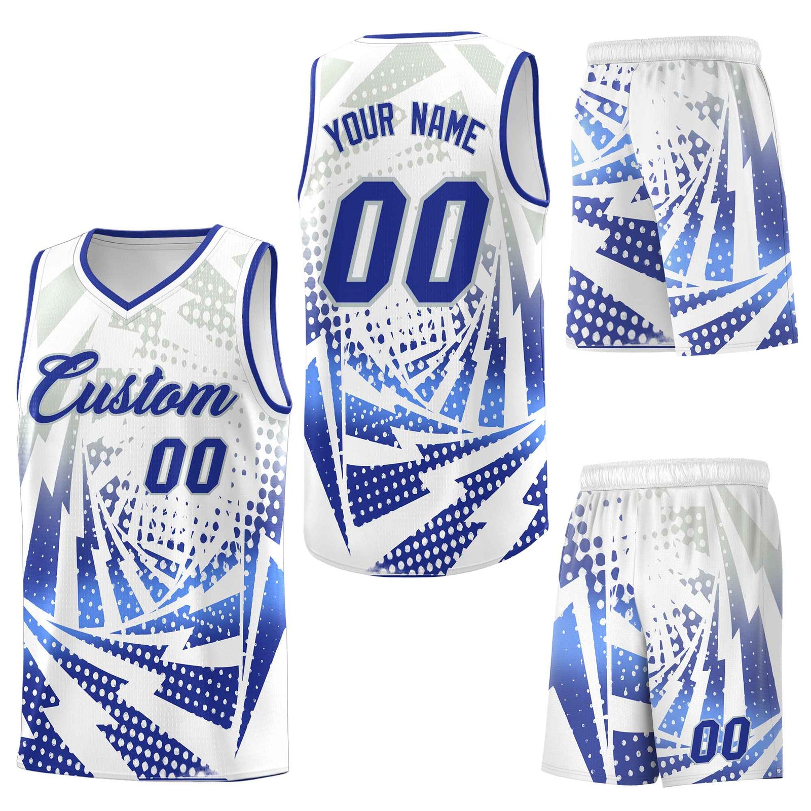 Custom White Royal Blue Lightning Halftone Dot Design Drapable Uniform Basketball Jersey