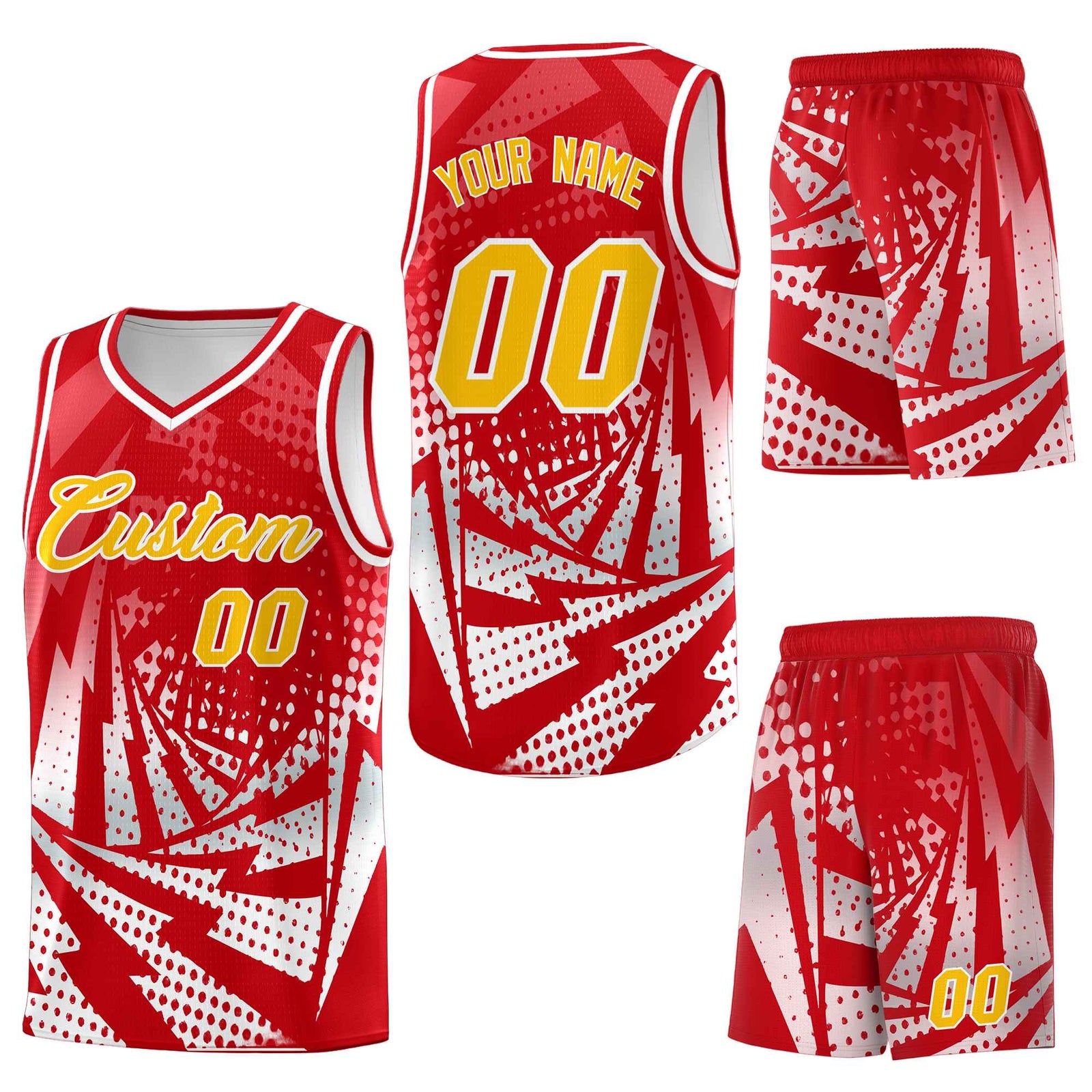 Custom Red White Lightning Halftone Dot Design Lightweight Uniform Basketball Jersey
