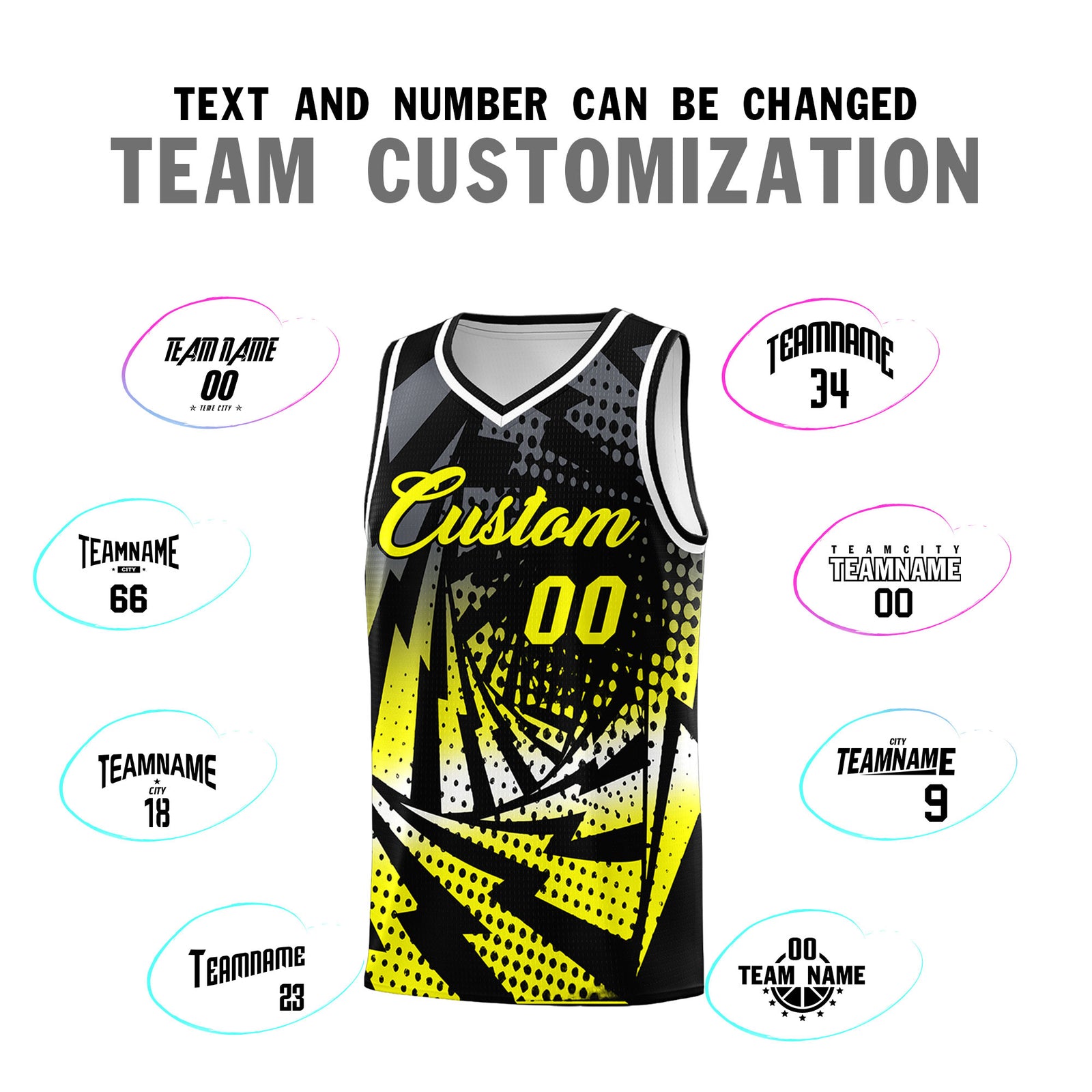 Custom Youth Basketball Jerseys Black Fluorescent Yellow Lightning Design Halftone Personalized Uniforms
