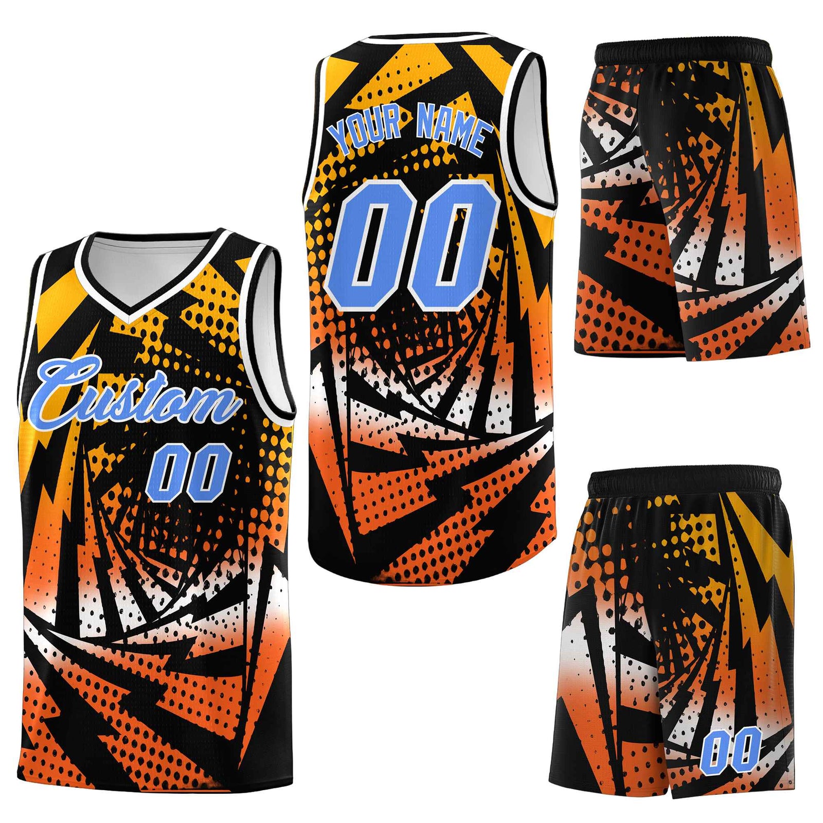 Custom Black Orange Lightning Halftone Dot Design Drapable Uniform Basketball Jersey