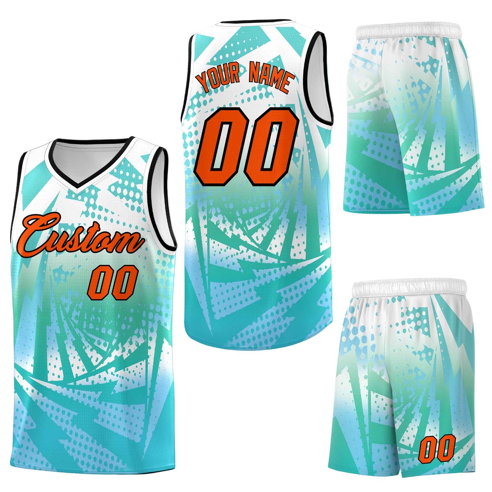 Custom White Light Blue Lightning Halftone Dot Design Drapable Uniform Basketball Jersey