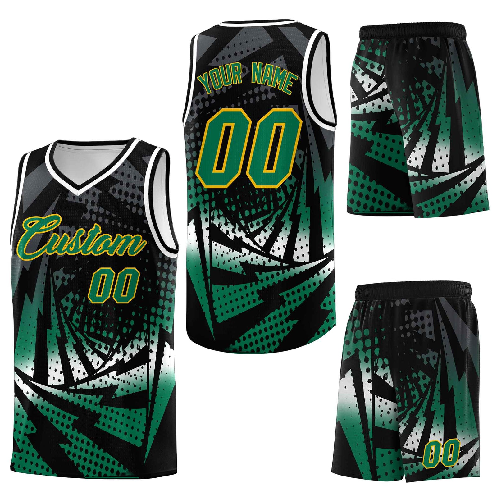Custom Black Kelly Green Lightning Halftone Dot Design Breathable Uniform Basketball Jersey