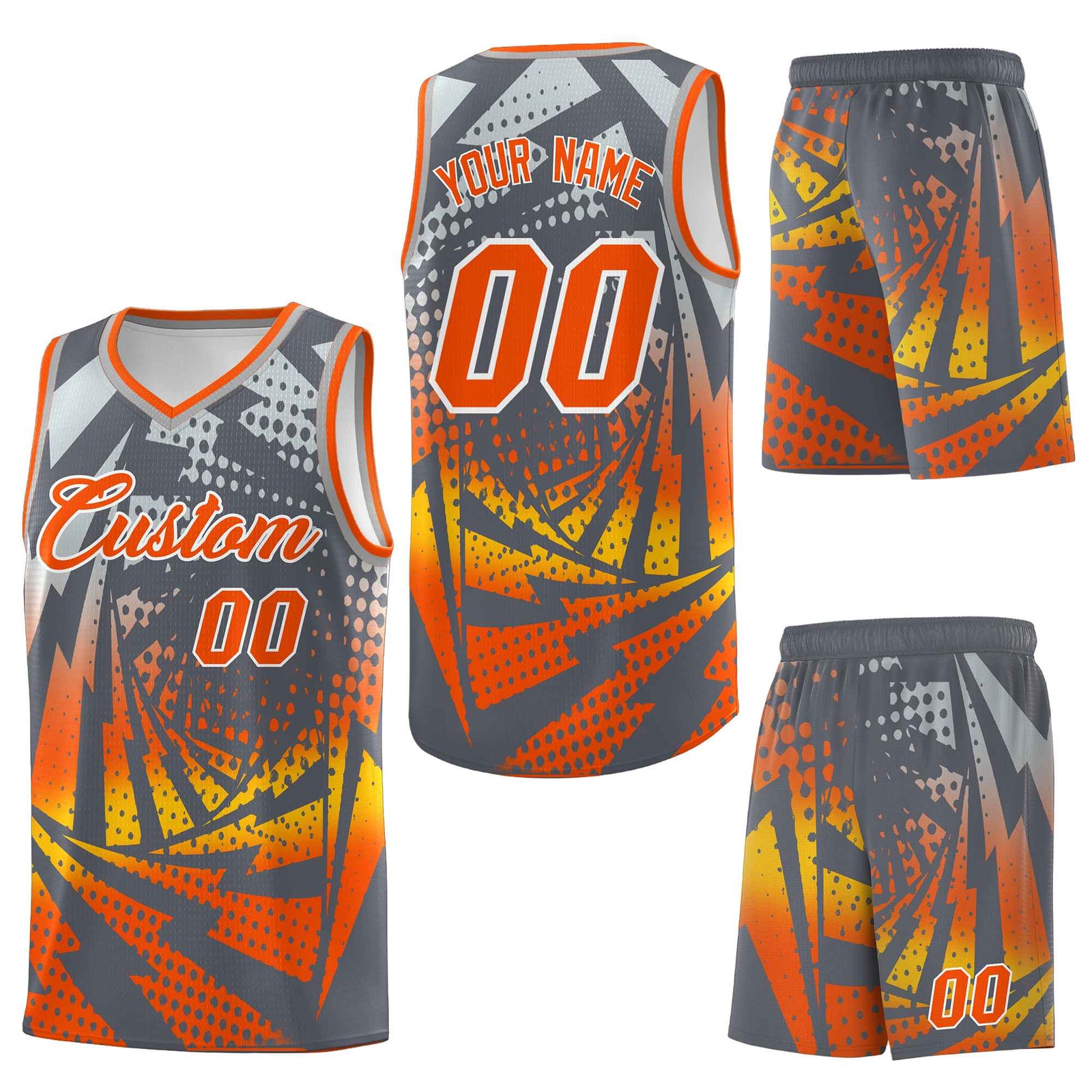 Custom Dark Gray Orange Lightning Halftone Dot Design Quick-Drying Uniform Basketball Jersey