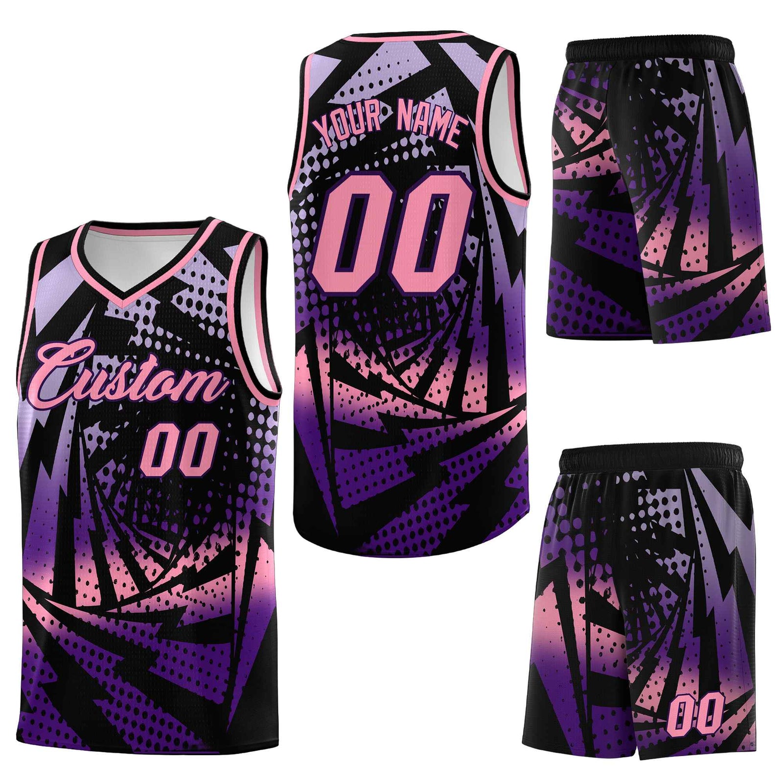 Custom Black Purple Lightning Halftone Dot Design Lightweight Uniform Basketball Jersey