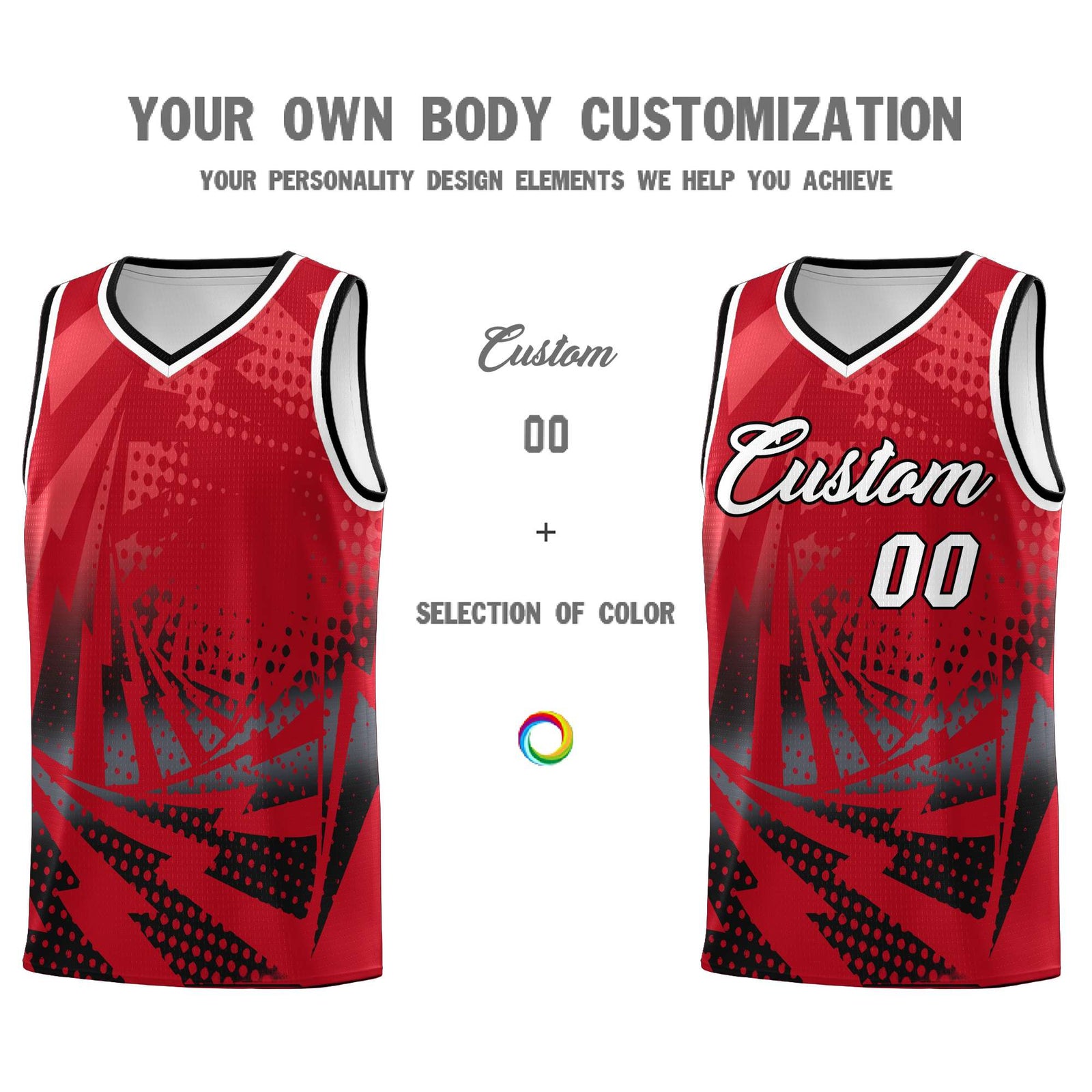 Custom Youth Basketball Jerseys Red Black Lightning Halftone Personalized Team Uniforms