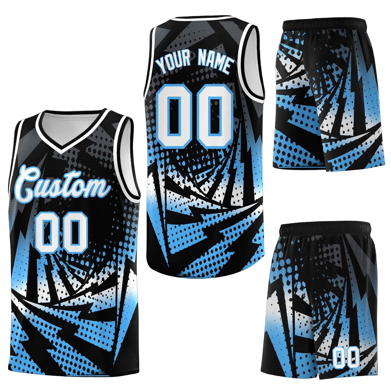 Custom Black Powder Blue Lightning Halftone Dot Design Breathable Uniform Basketball Jersey