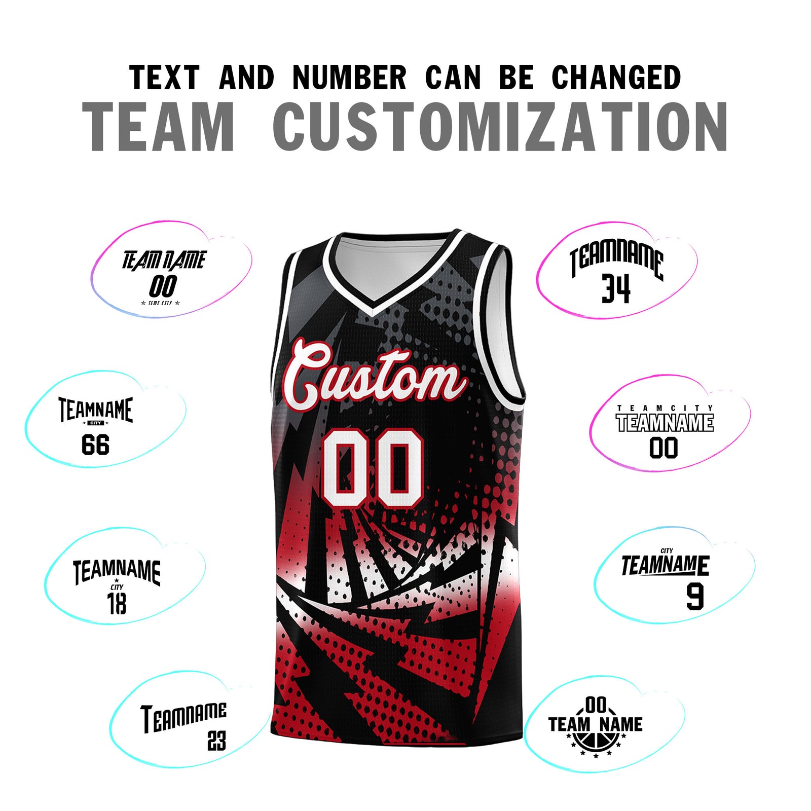 Custom Youth Basketball Jerseys Black Red Lightning Halftone Personalized Team Uniforms