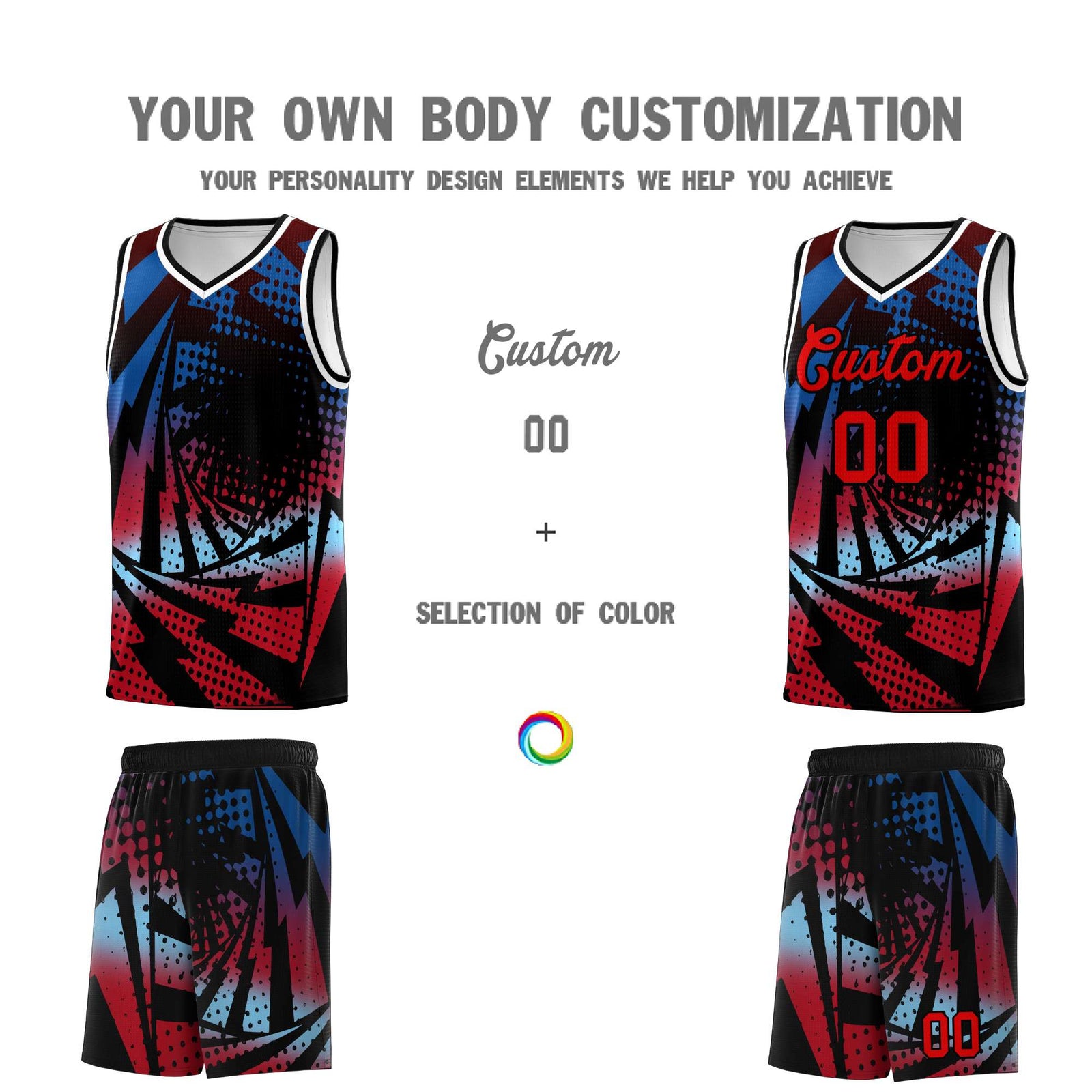 Custom Youth Basketball Jerseys Royal Red Lightning Design Halftone Personalized Uniforms