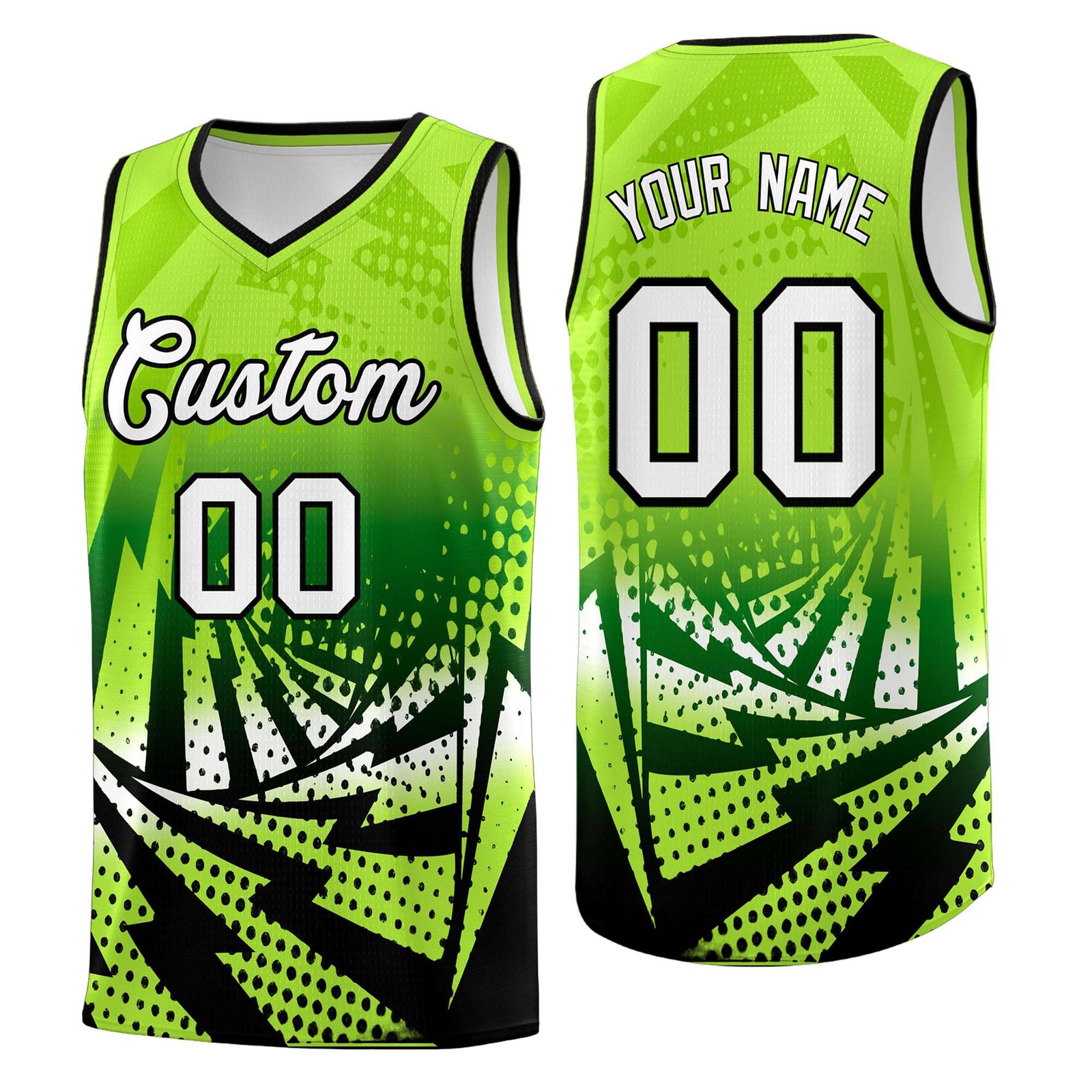 Custom Youth Basketball Jerseys Neon Green Black Lightning Halftone Personalized Team Uniforms