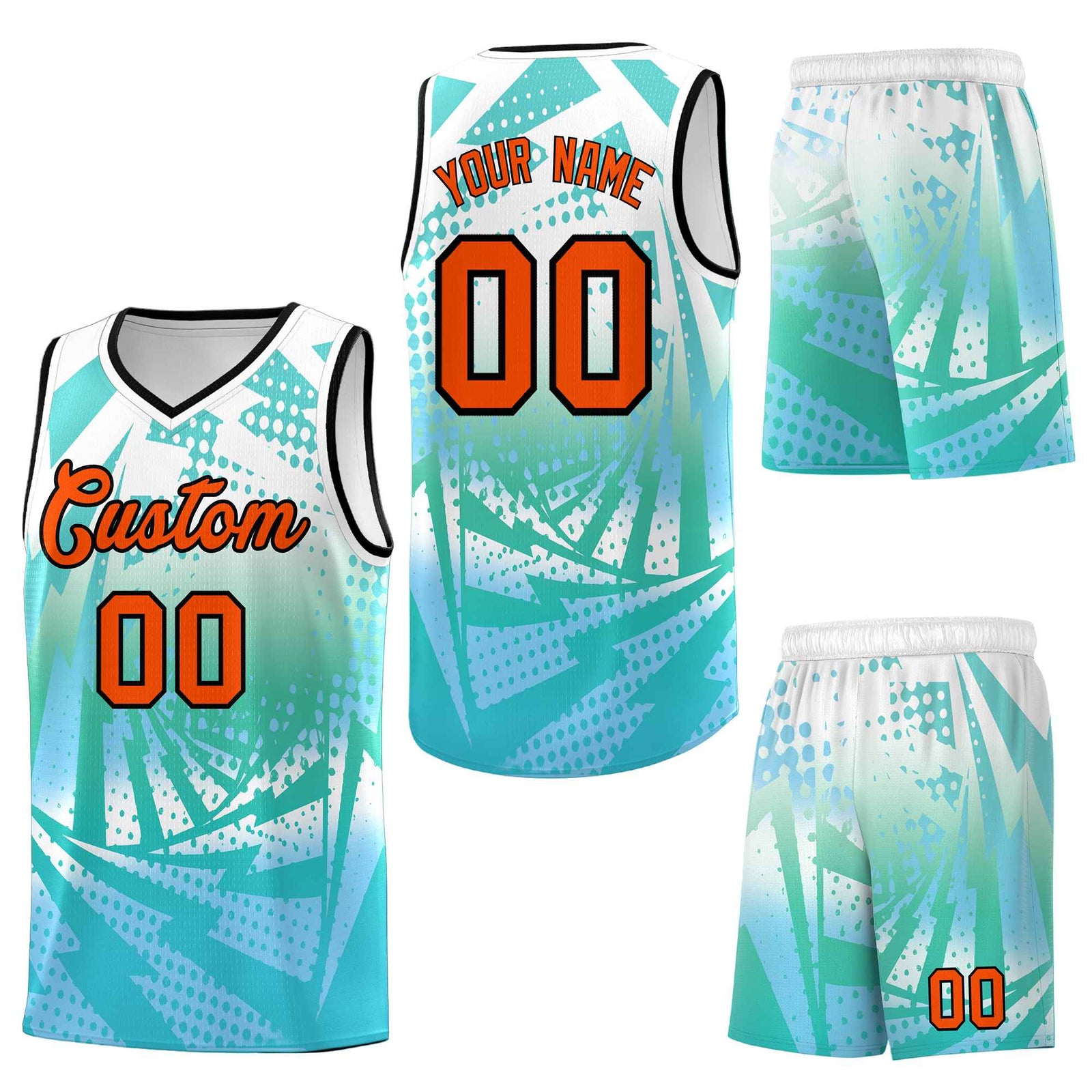 Custom White Light Blue Lightning Halftone Dot Design Drapable Uniform Basketball Jersey