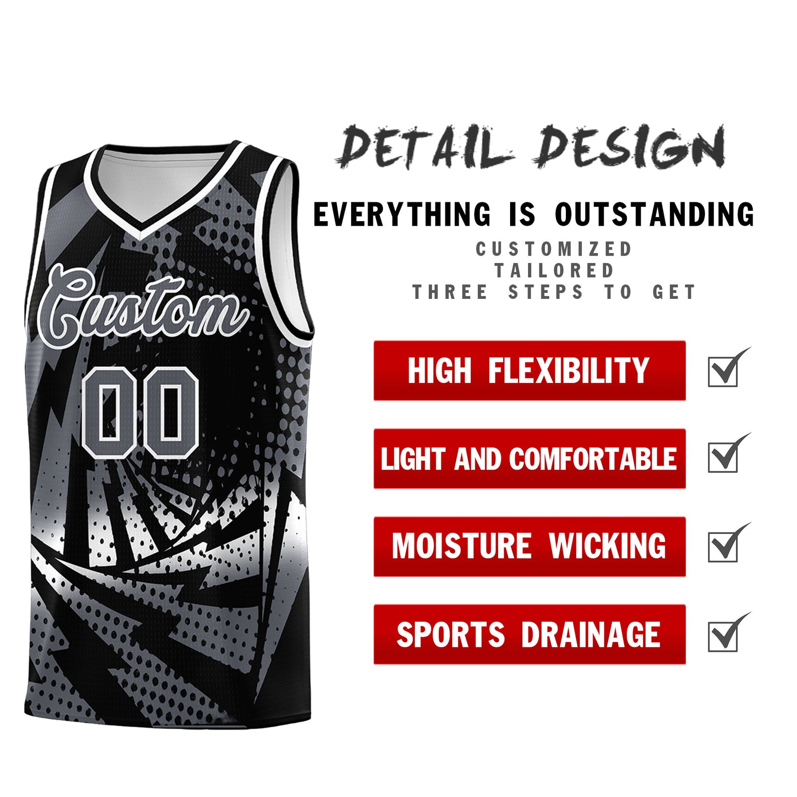 Custom Youth Basketball Jerseys Black Dark Gray Lightning Design Halftone Personalized Uniforms