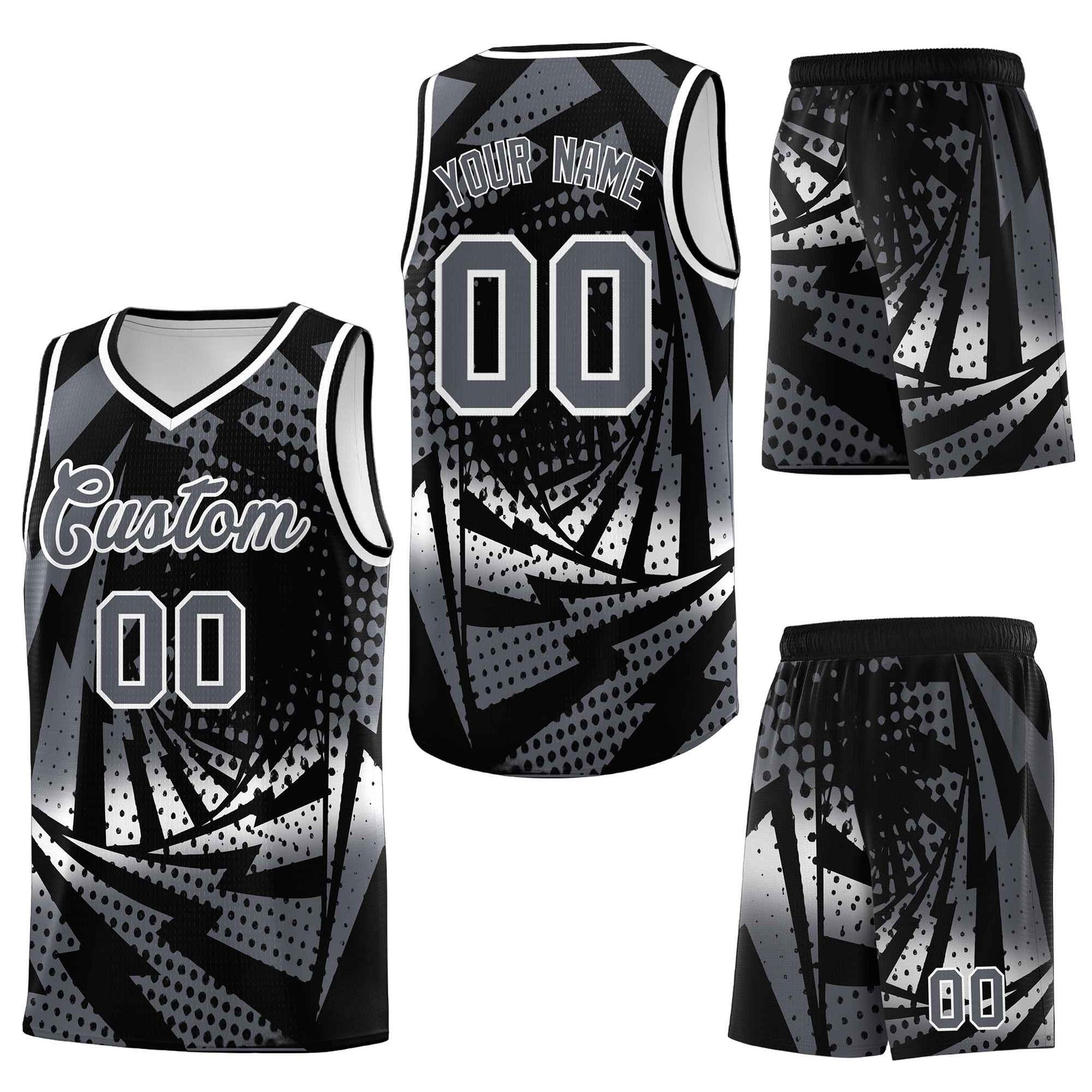 Custom Black Dark Gray Lightning Halftone Dot Design Lightweight Uniform Basketball Jersey
