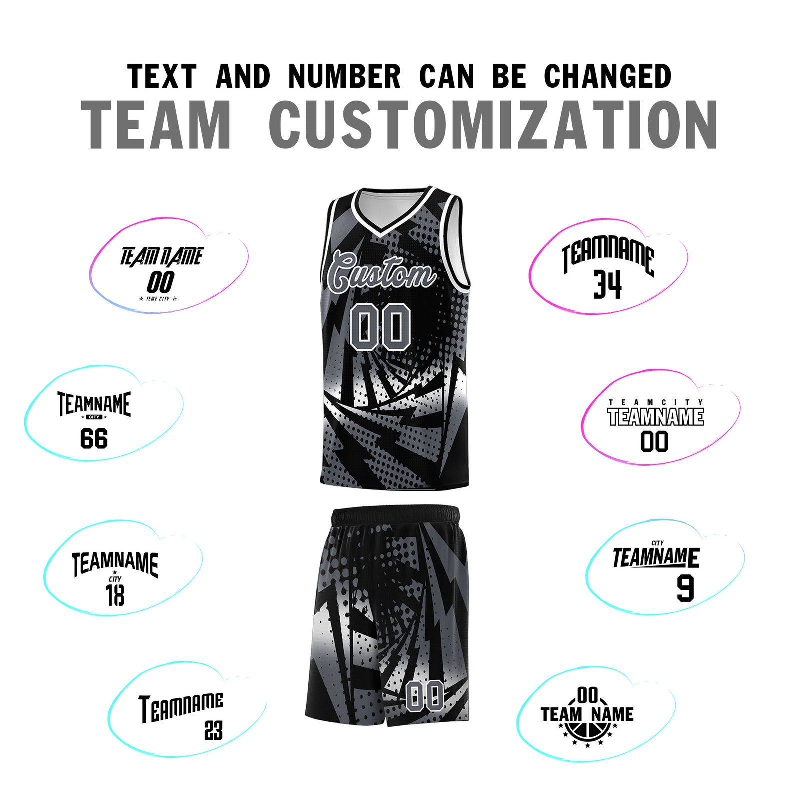 Custom Youth Basketball Jerseys Black Dark Gray Lightning Design Halftone Personalized Uniforms