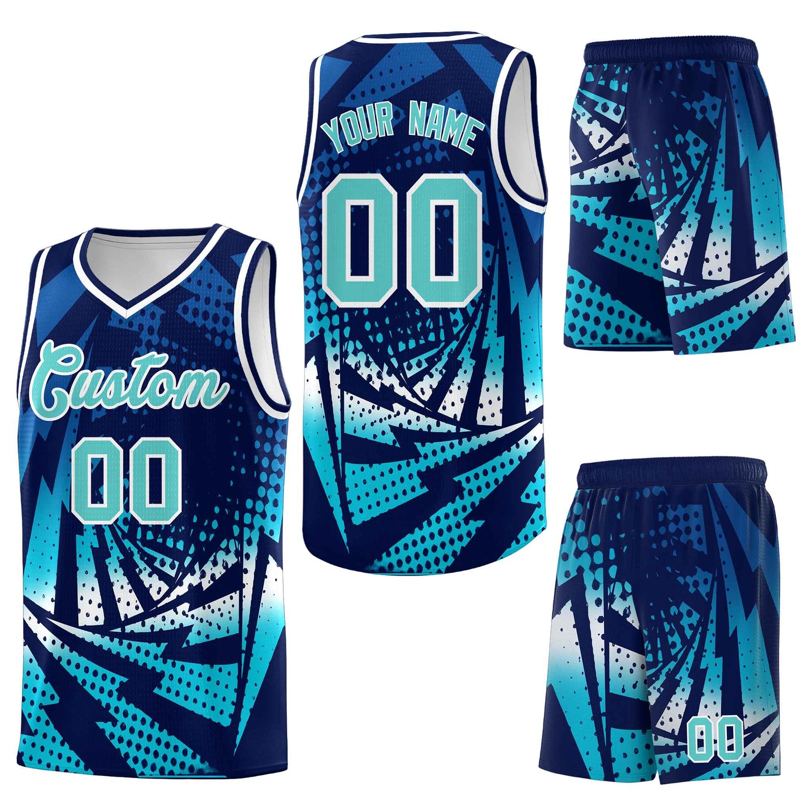 Custom Navy Sky Blue Lightning Halftone Dot Design Wrinkle-Resistant Uniform Basketball Jersey