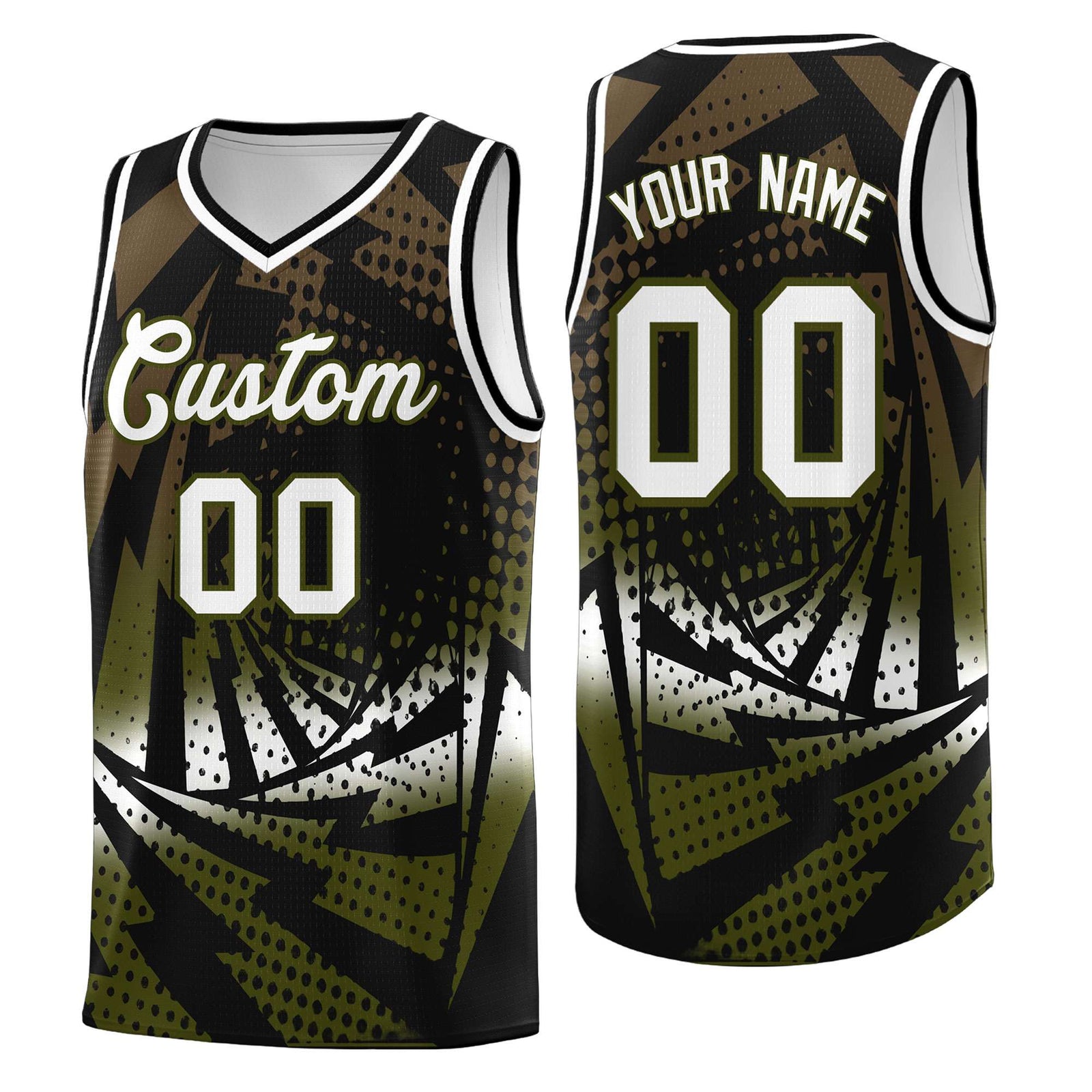 Custom Youth Basketball Jerseys Black Olive Lightning Design Halftone Personalized Uniforms