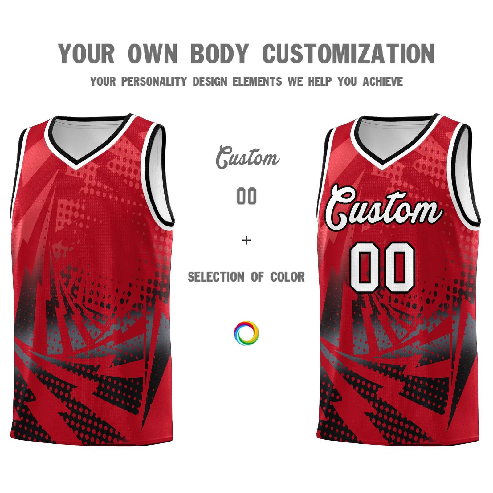 Custom Youth Basketball Jerseys Red Black Lightning Halftone Personalized Team Uniforms