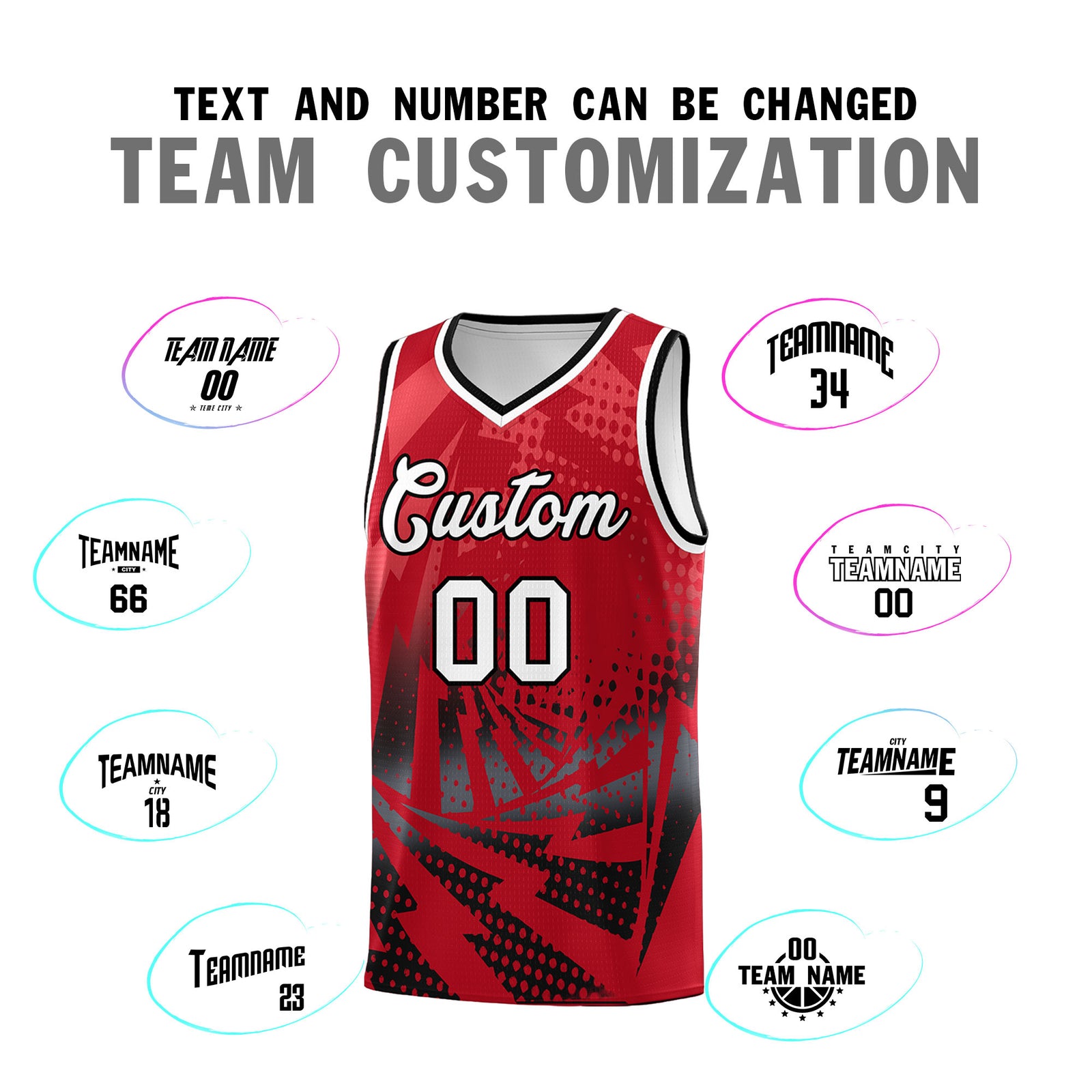 Custom Youth Basketball Jerseys Red Black Lightning Halftone Personalized Team Uniforms