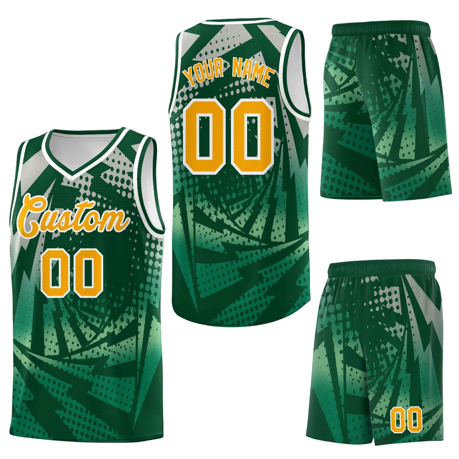 Custom Green Kelly Green Lightning Halftone Dot Design Lightweight Uniform Basketball Jersey