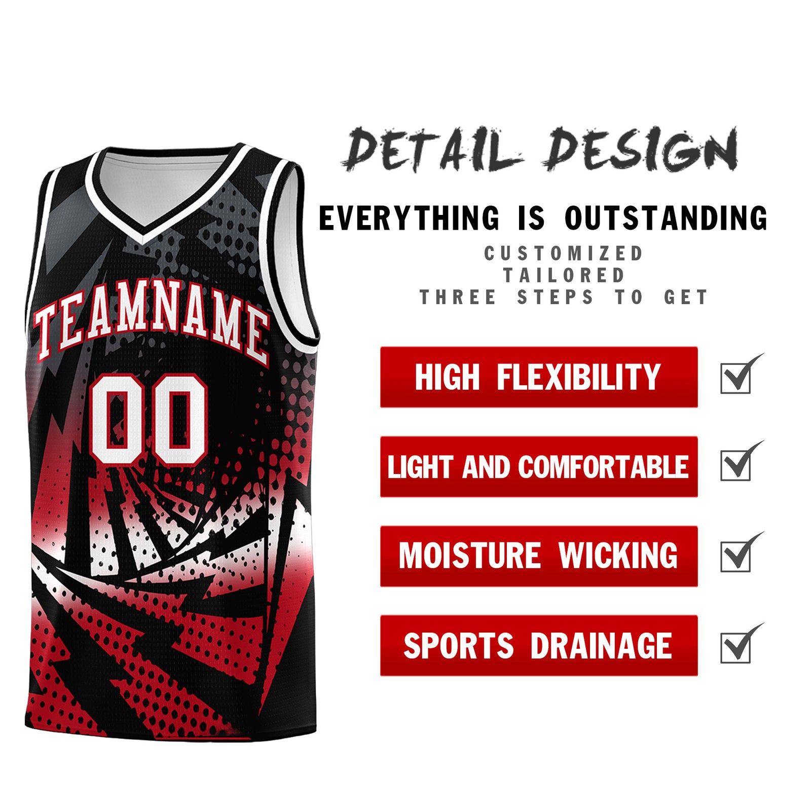 Custom Youth Basketball Jerseys Black Red Lightning Halftone Personalized Team Uniforms