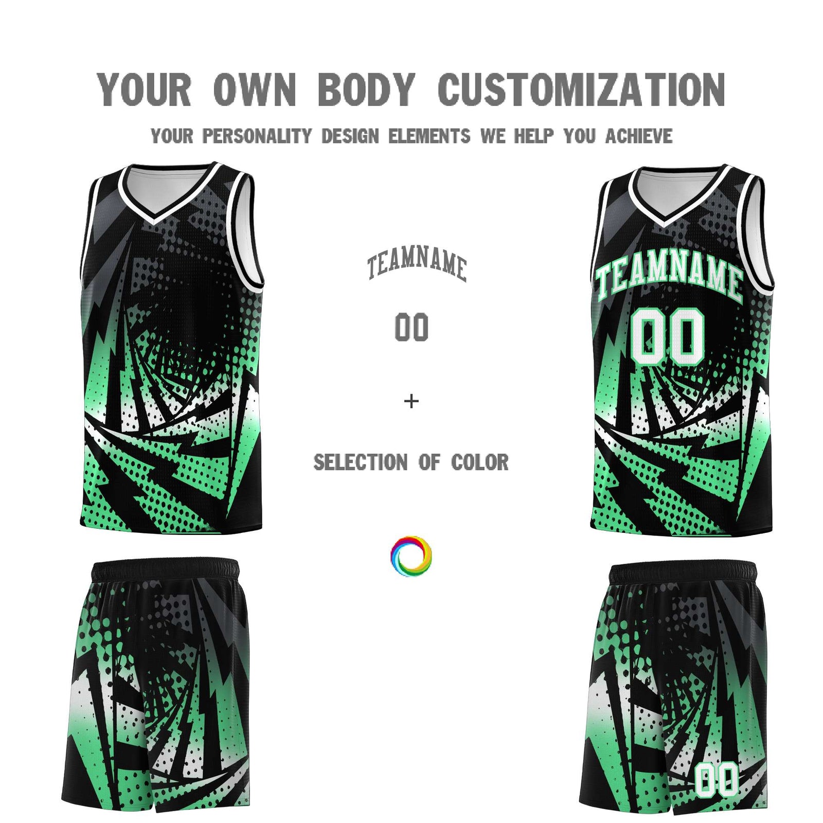 Custom Youth Basketball Jerseys Black Green Lightning Design Halftone Personalized Uniforms