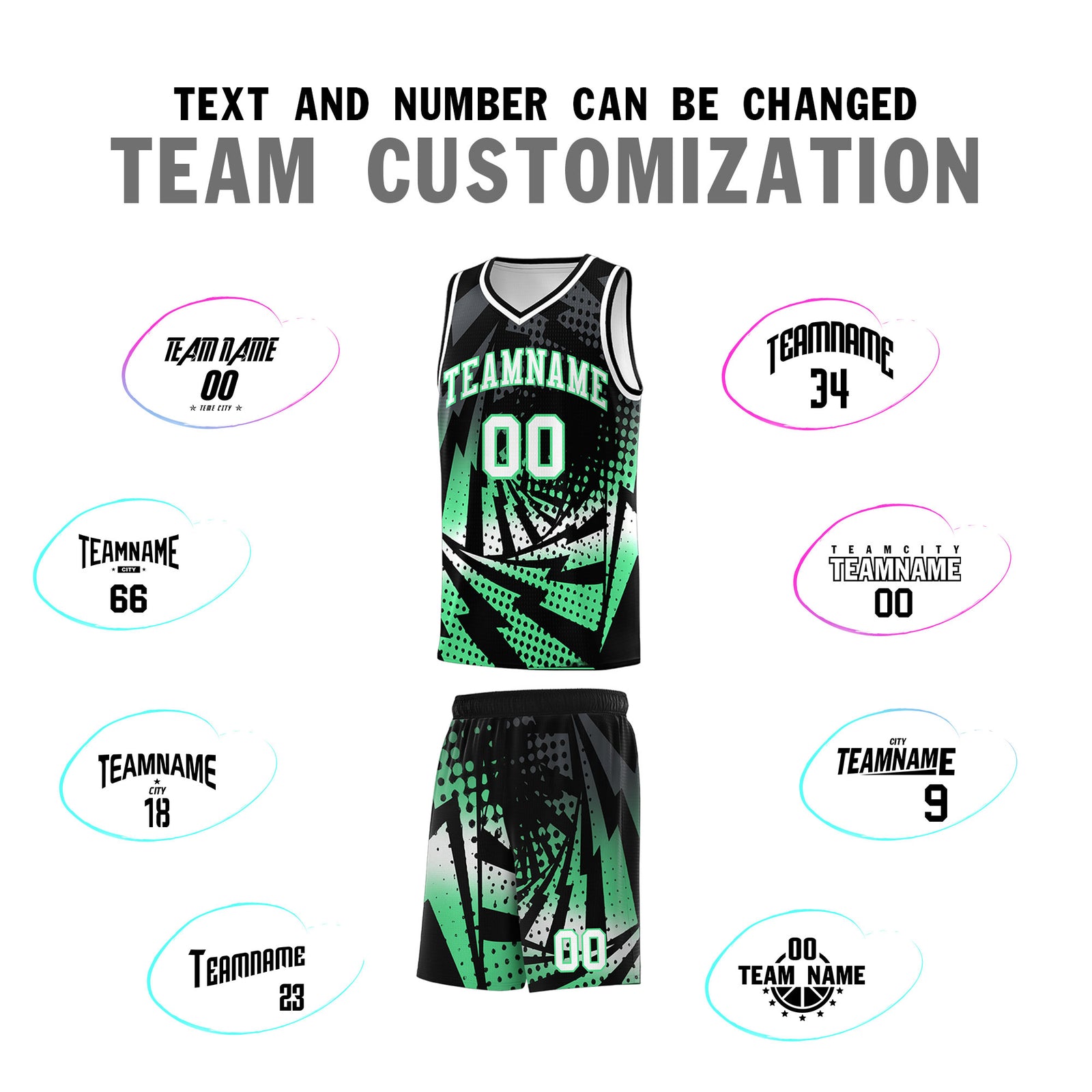 Custom Youth Basketball Jerseys Black Green Lightning Design Halftone Personalized Uniforms