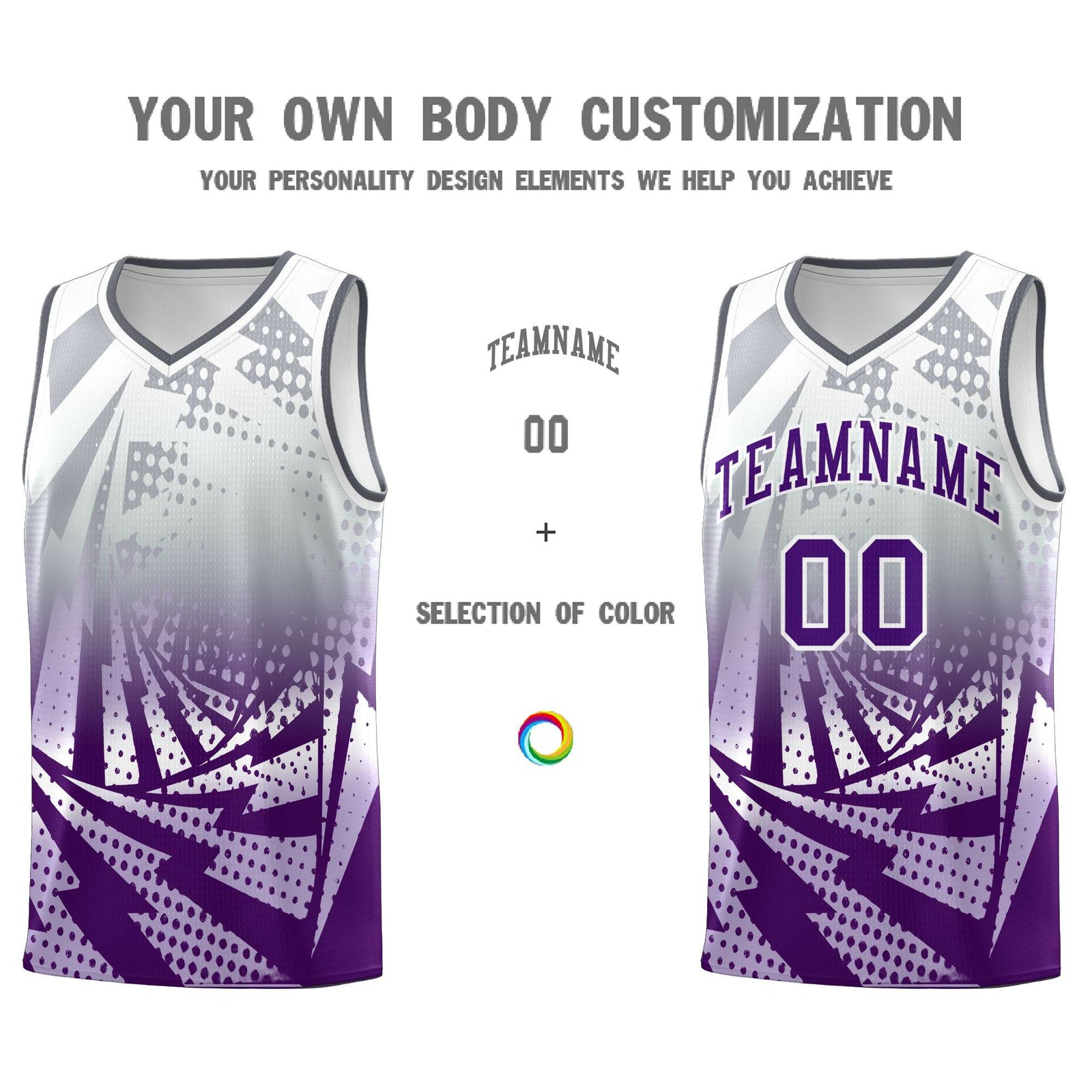 Custom Youth Basketball Jerseys Silver Gray Purple Lightning Design Halftone Personalized Uniforms