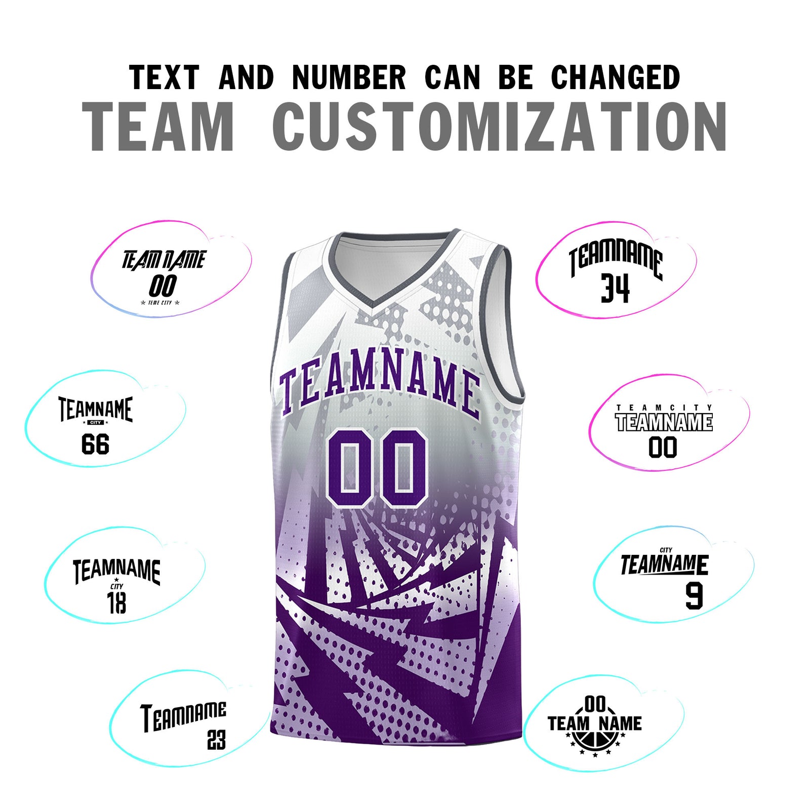 Custom Youth Basketball Jerseys Silver Gray Purple Lightning Design Halftone Personalized Uniforms
