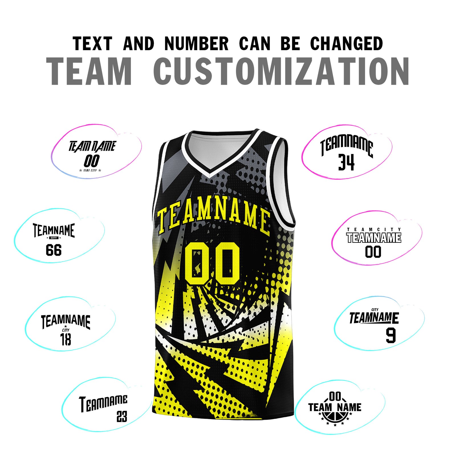 Custom Youth Basketball Jerseys Black Fluorescent Yellow Lightning Design Halftone Personalized Uniforms