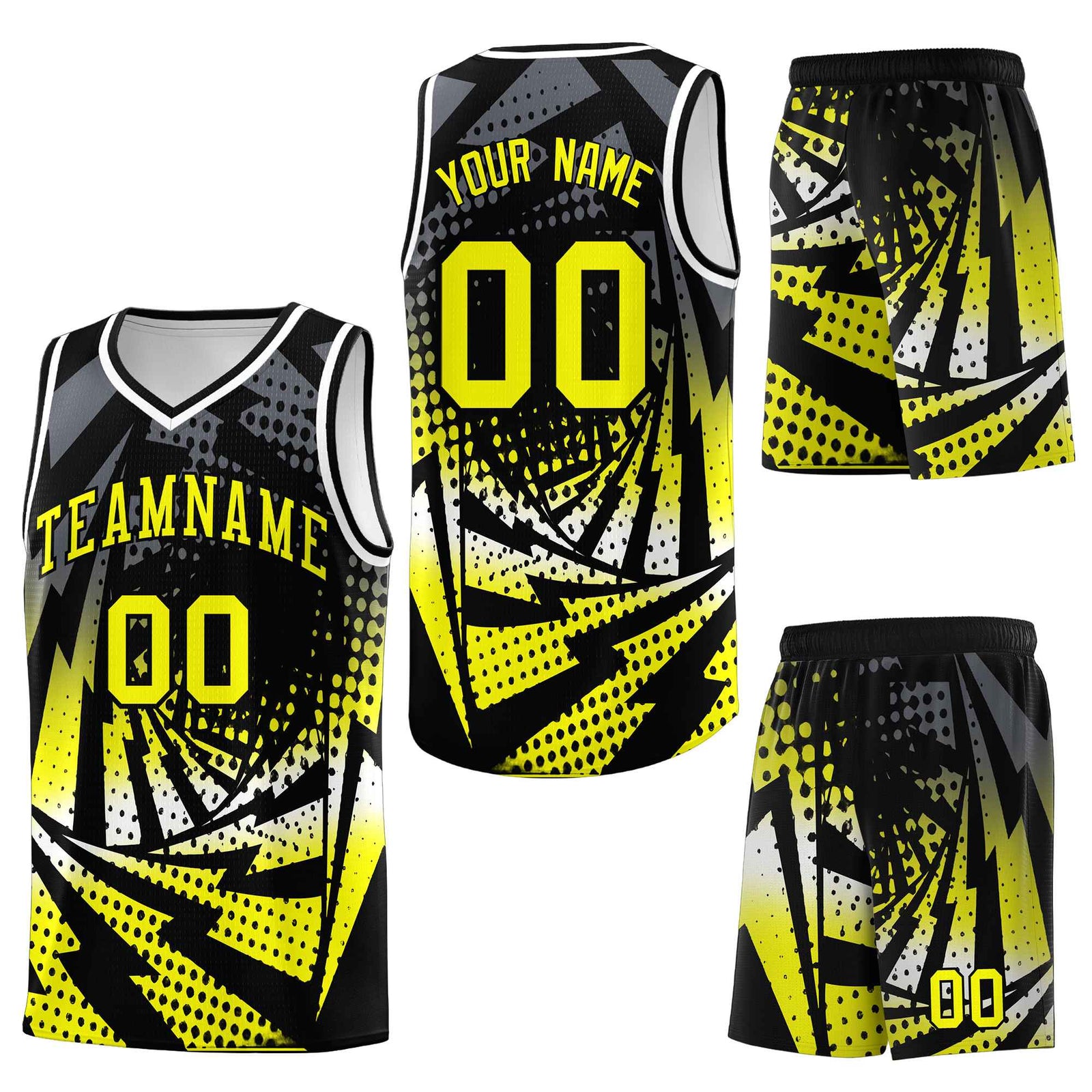 Custom Black Fluorescent Yellow Lightning Halftone Dot Design Breathable Uniform Basketball Jersey