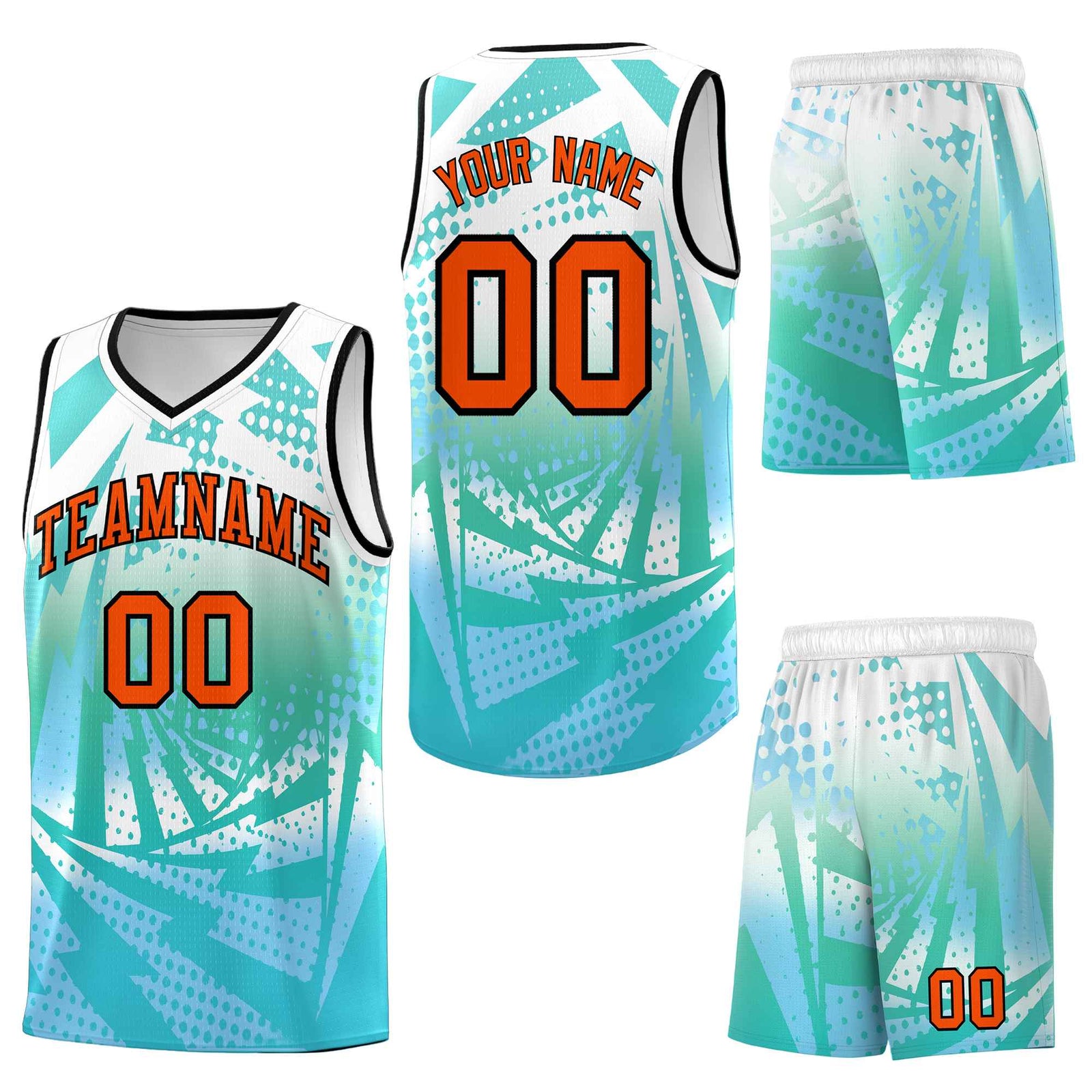 Custom White Light Blue Lightning Halftone Dot Design Drapable Uniform Basketball Jersey