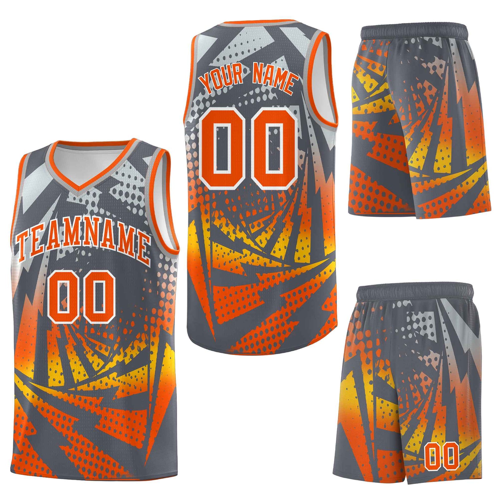 Custom Dark Gray Orange Lightning Halftone Dot Design Quick-Drying Uniform Basketball Jersey