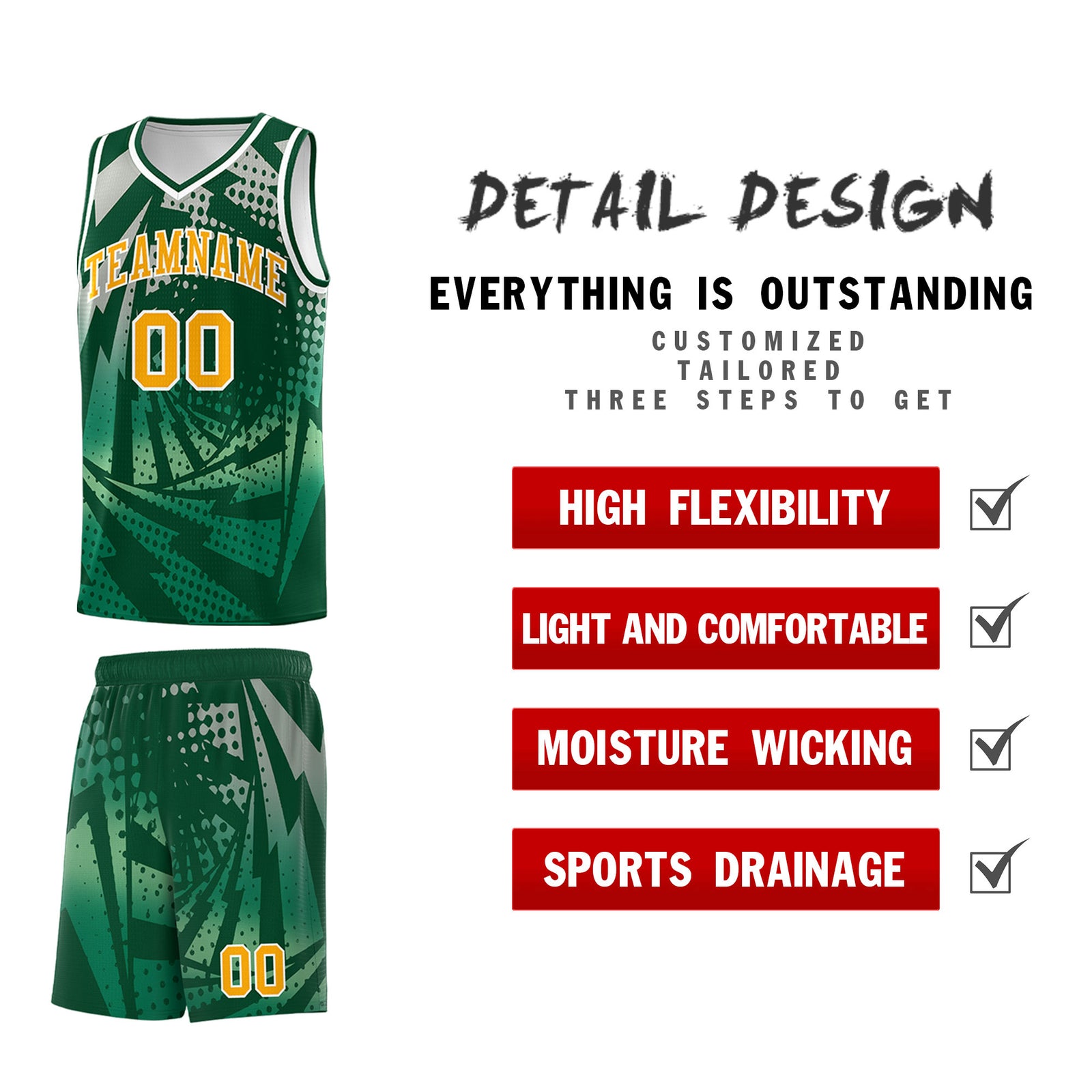 Custom Youth Basketball Jerseys Green Kelly Green Lightning Design Halftone Personalized Uniforms