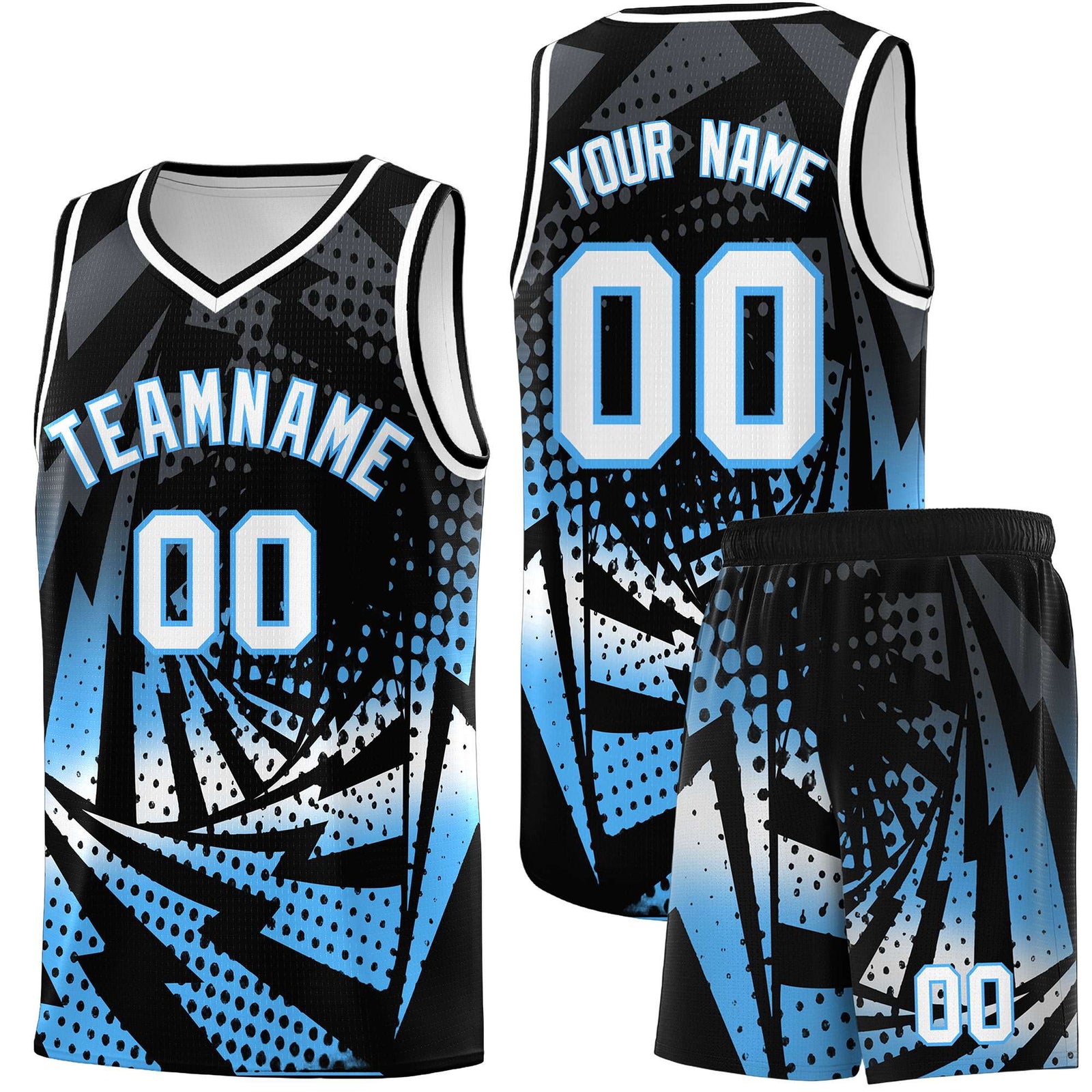 Custom Youth Basketball Jerseys Black Powder Blue Lightning Design Halftone Personalized Uniforms