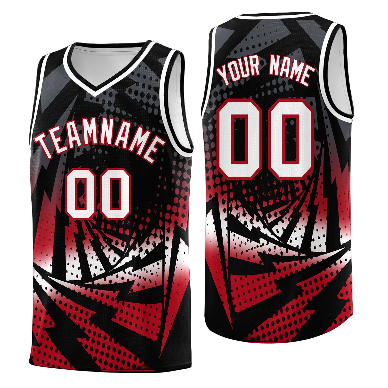 Custom Youth Basketball Jerseys Black Red Lightning Halftone Personalized Team Uniforms